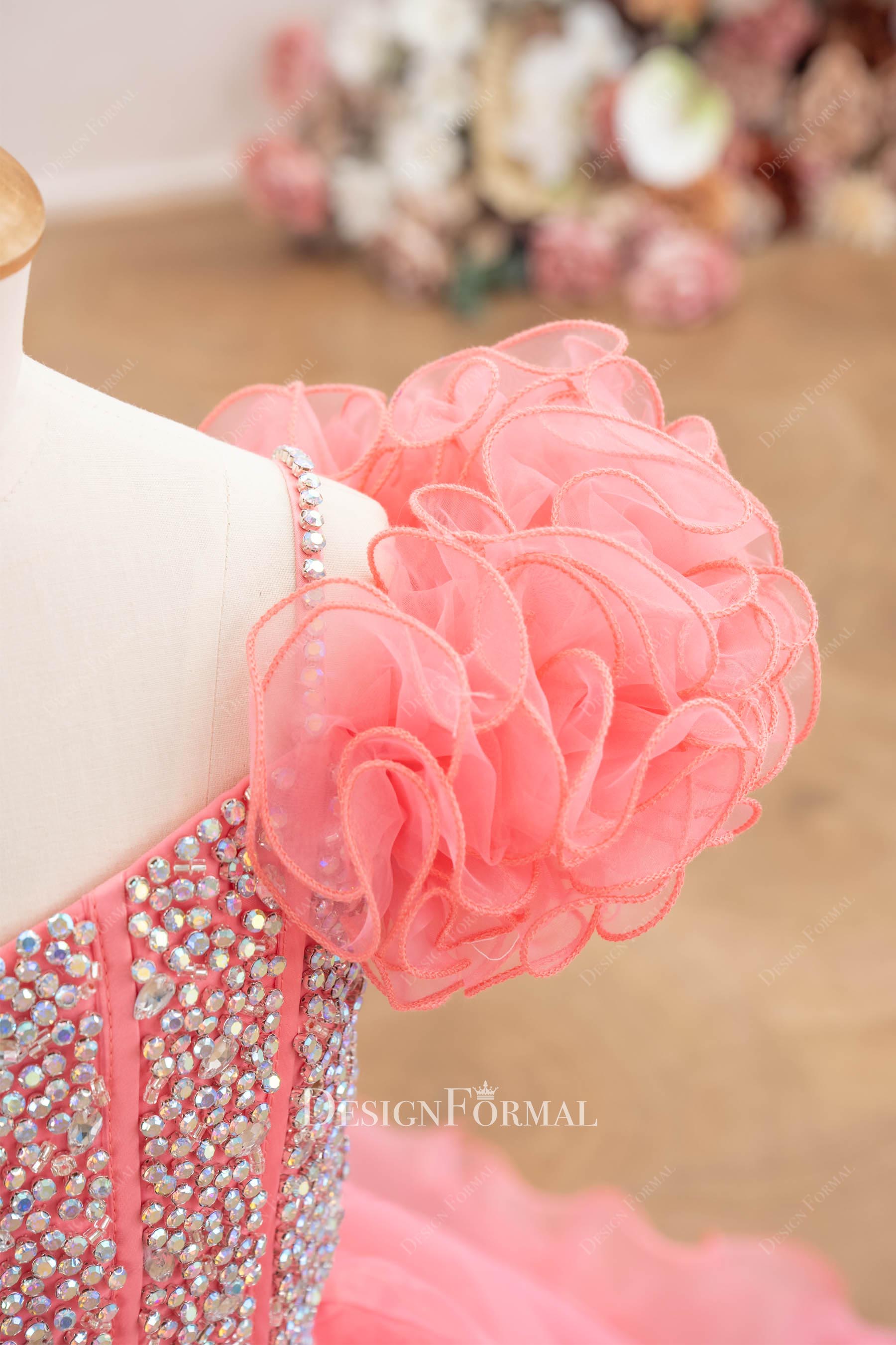 flamingo organza ruffled sleeve pageant gown