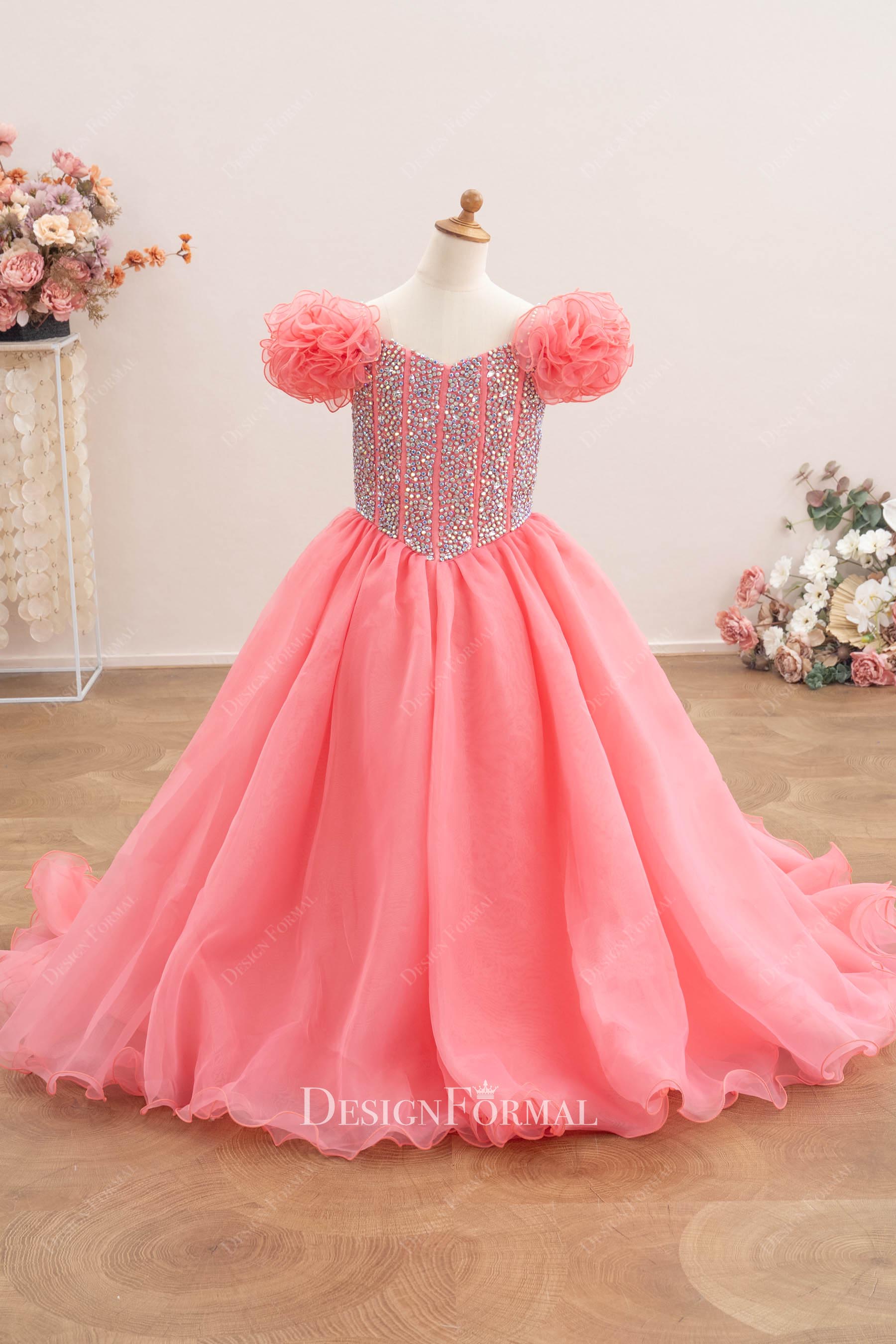 flamingo ruffled sleeves kids pageant gown