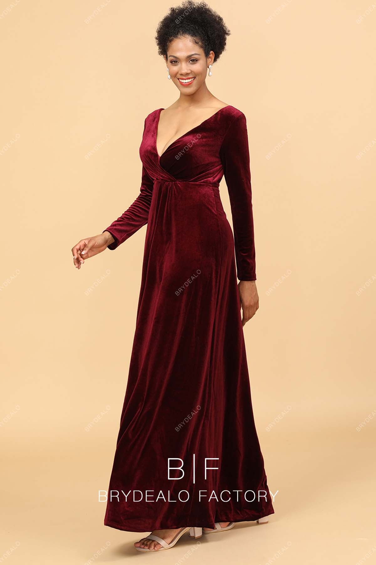 Red Velvet V-Neck Long Sleeve Floor Length Bridesmaid Evening Dress
