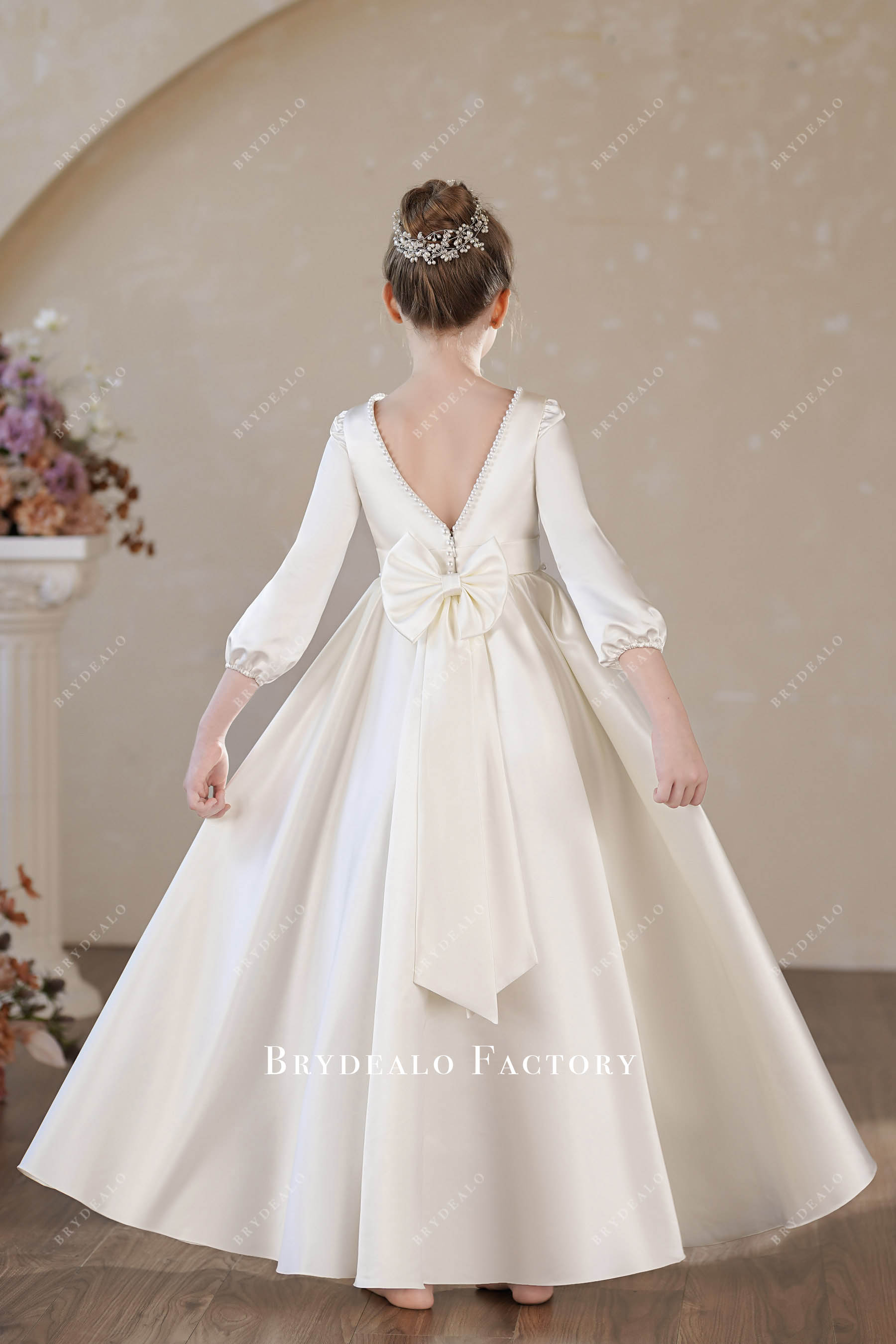Open Back Big Bow Ivory Satin 3/4 Sleeve Flower Girl Dress Open Back Big Bow Ivory Satin 3/4 Sleeve Flower Girl Dress