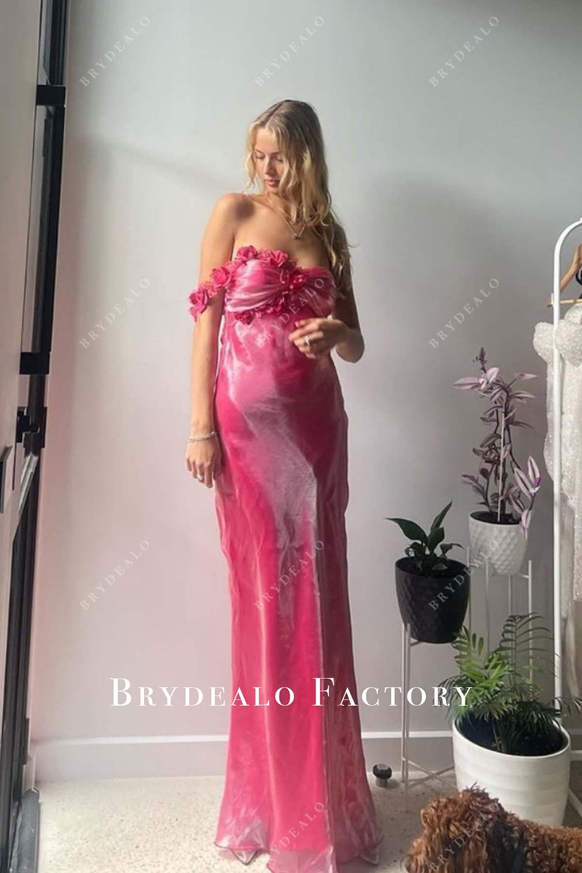 floor length hot pink empire prom dress