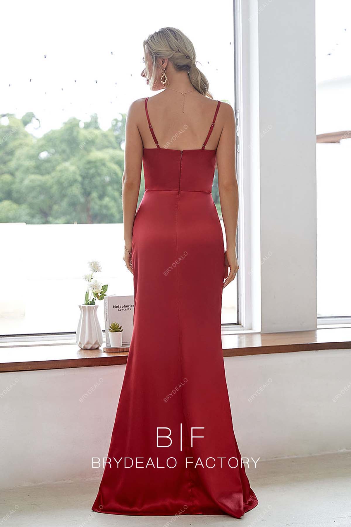 floor length open back red satin bridesmaid dress