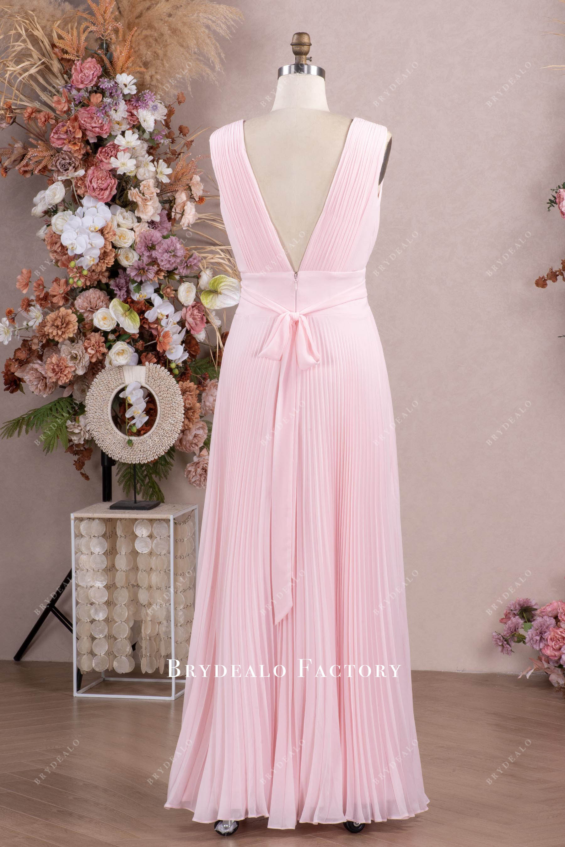 floor length pleated chiffon formal dress