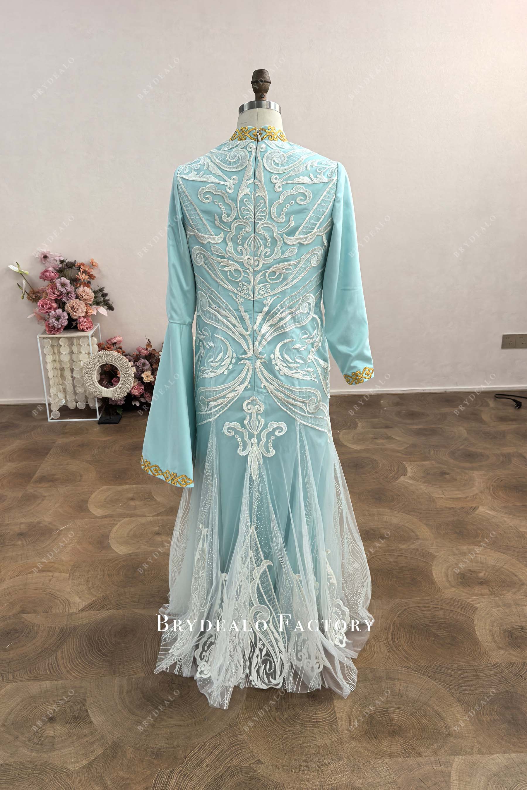 floor length trumpet blue wedding dress