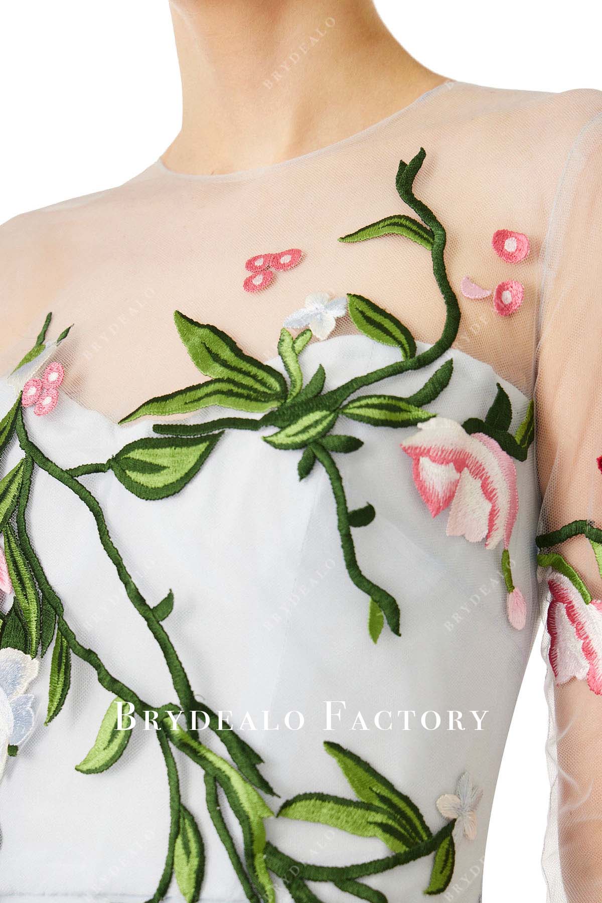 floral appliques sheer neck prom dress