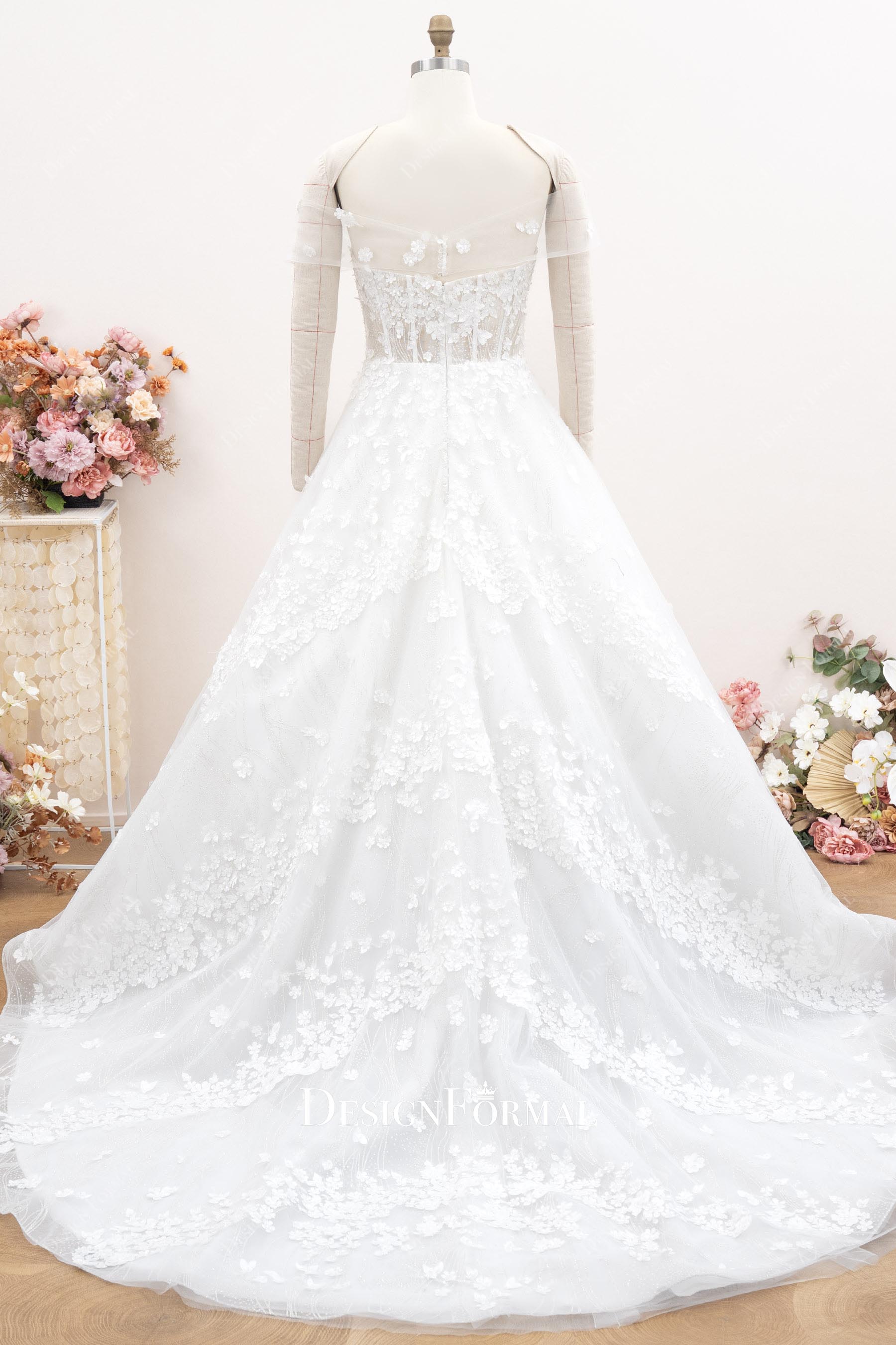 floral lace a line chapel train bridal dress