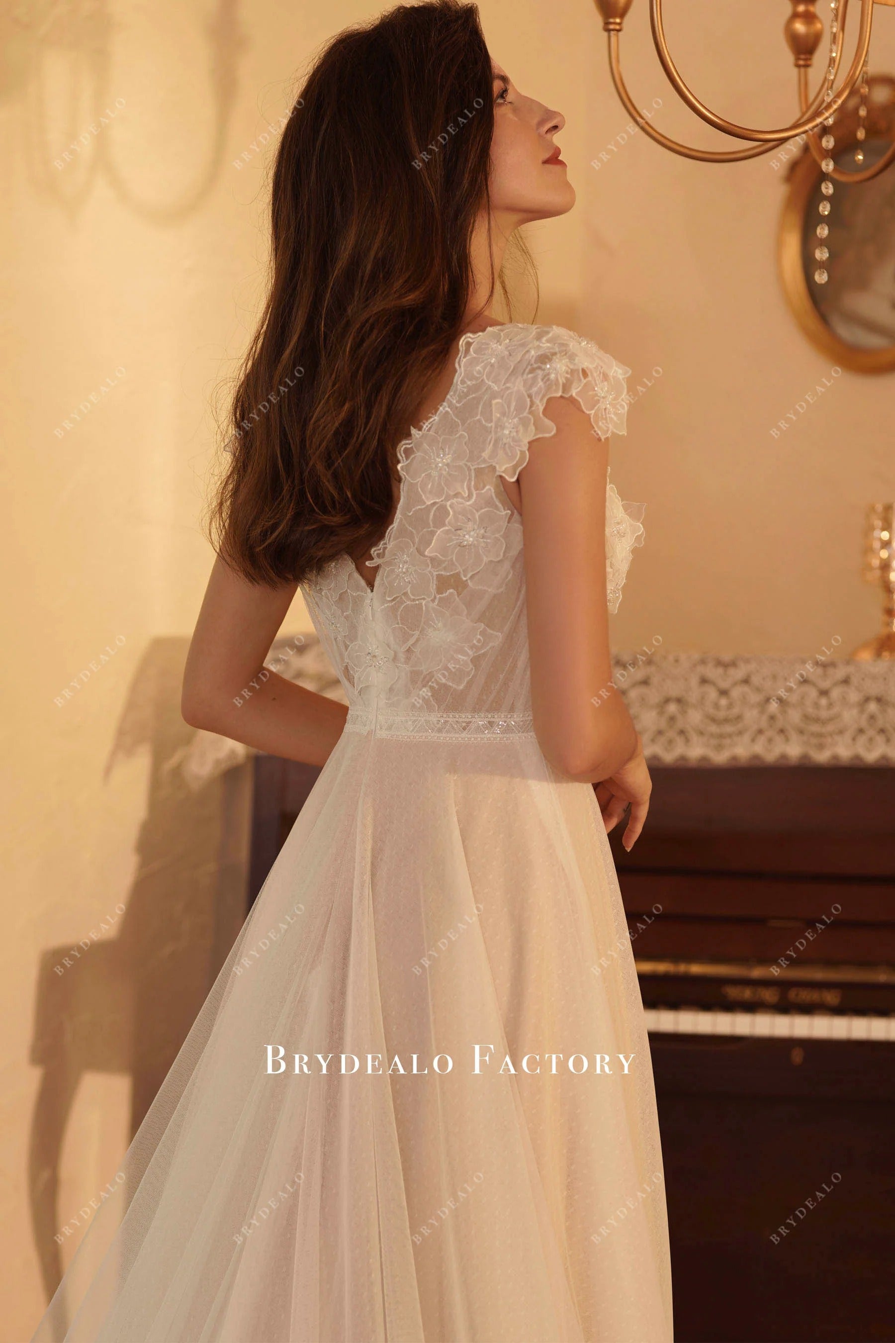 floral lace cap sleeve v back wedding dress