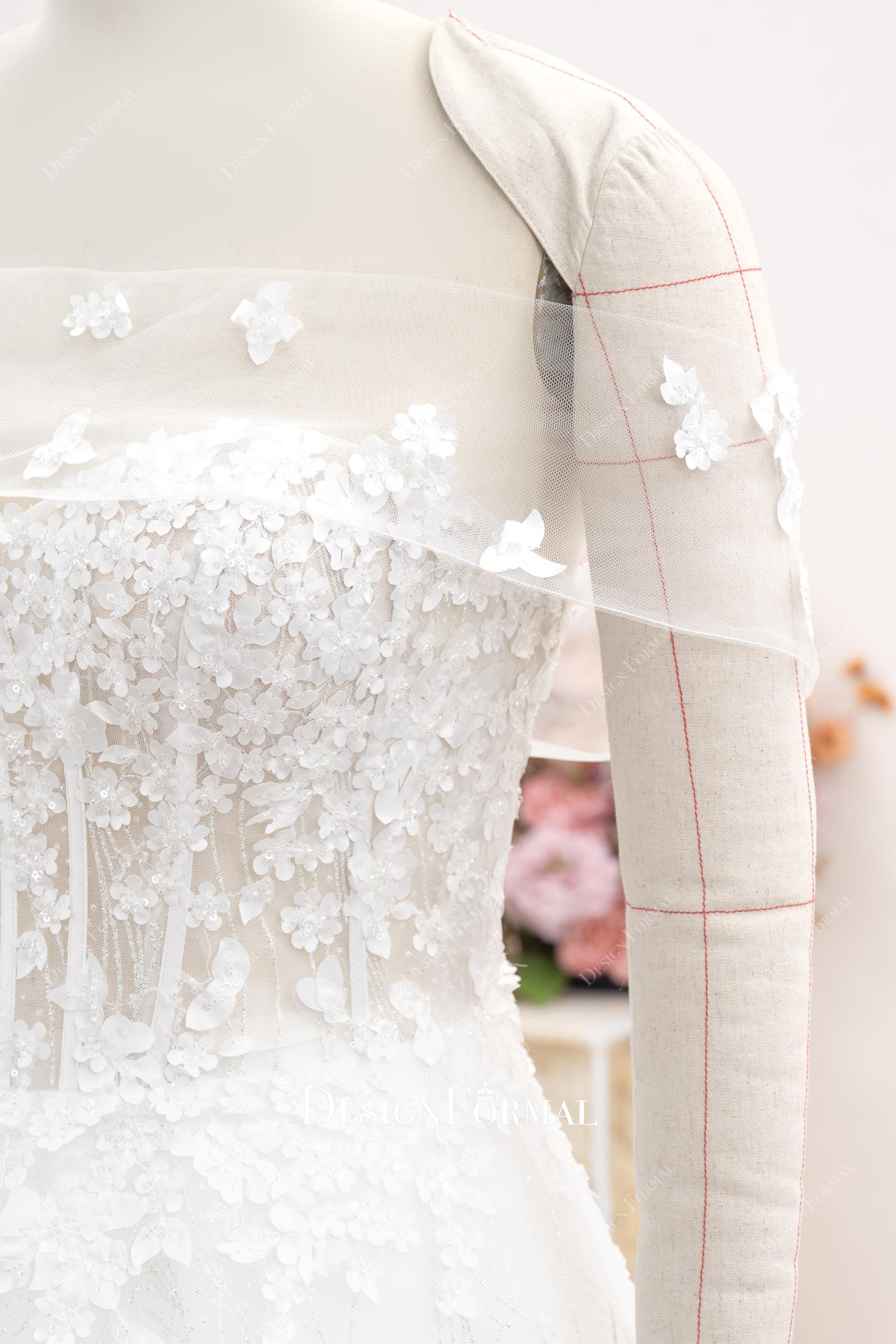 floral lace illusion drop sleeves bridal dress