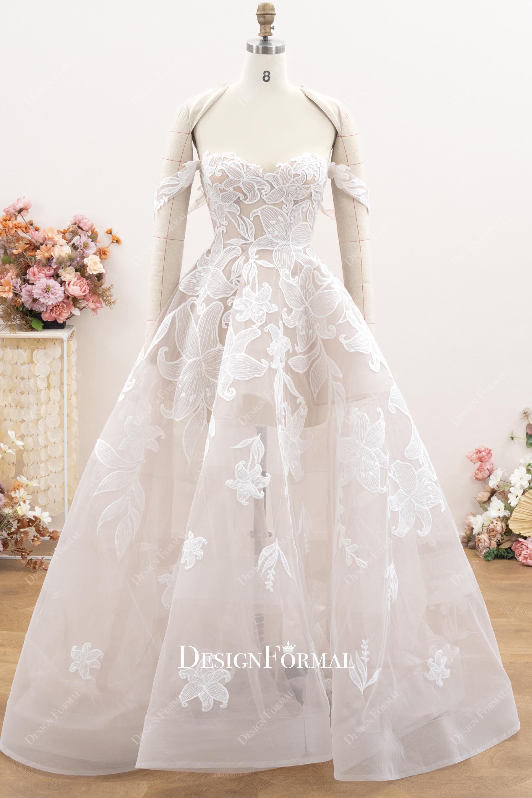 floral lace off shoulder a line bridal dress