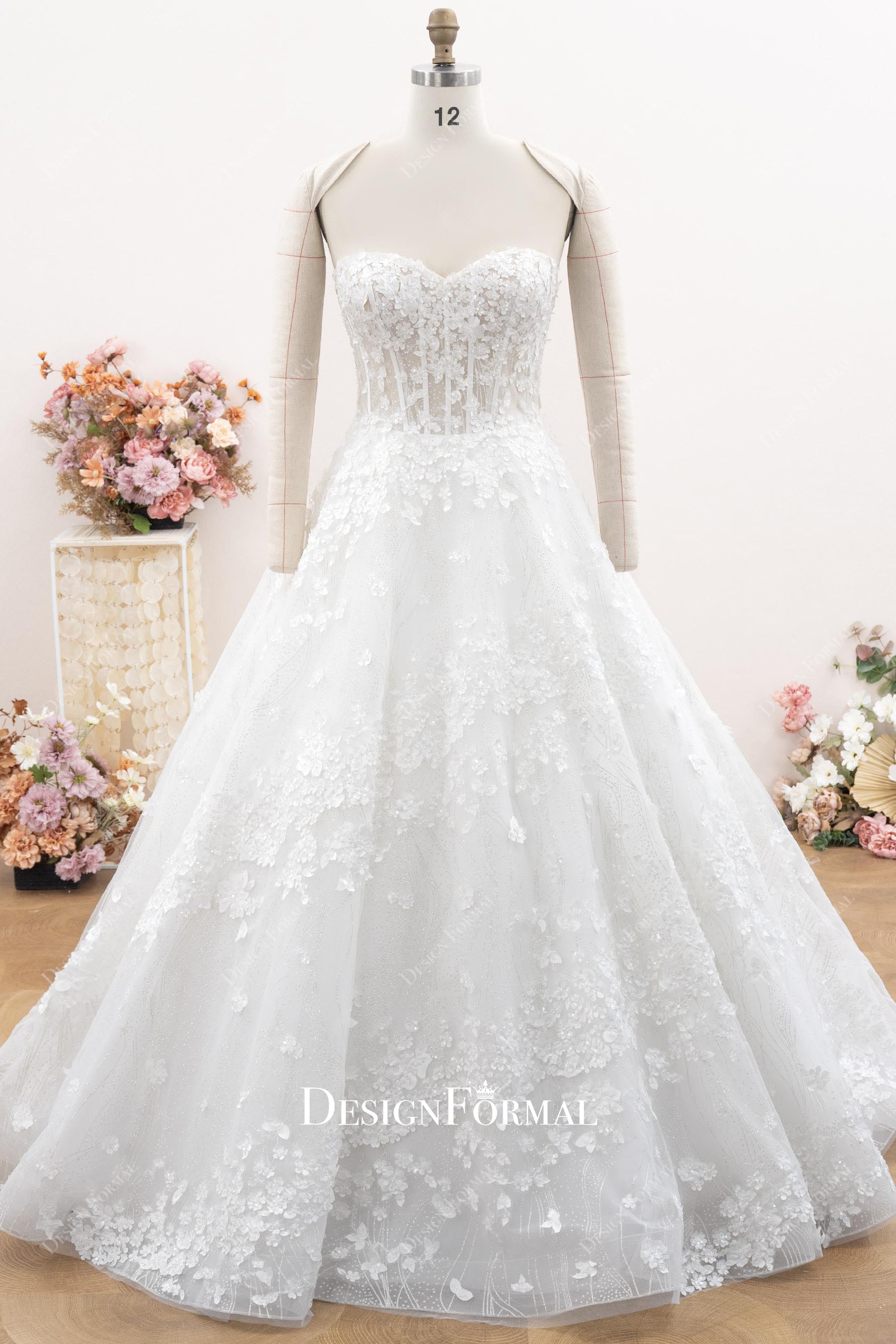 floral lace strapless bridal dress