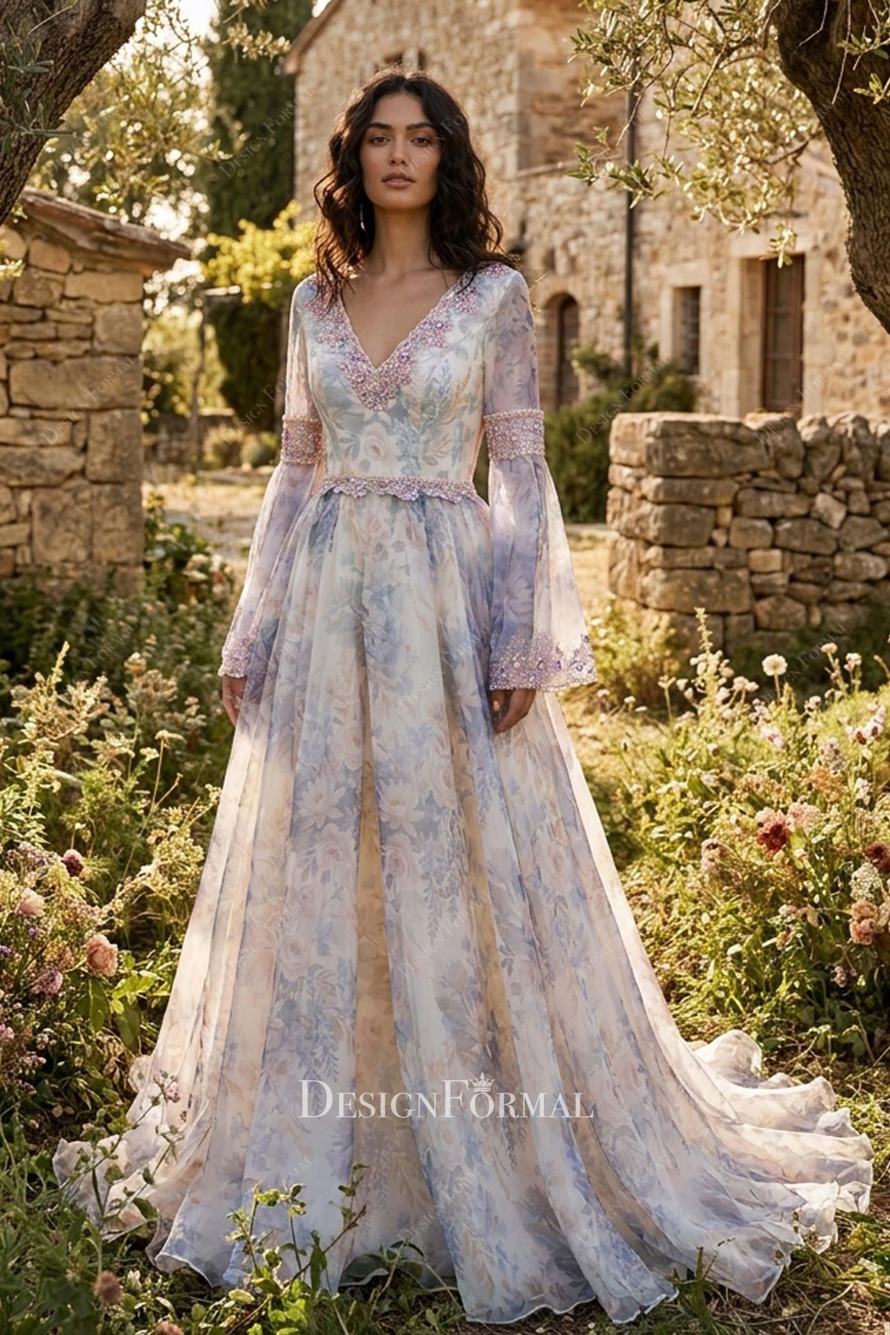 floral print organza bridal dress