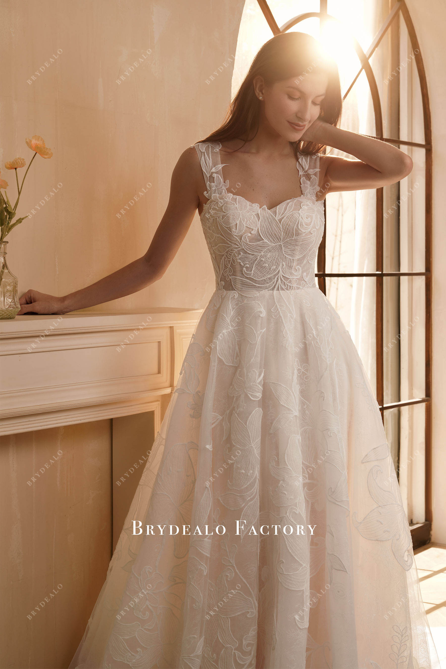 flower lace straps wedding dress