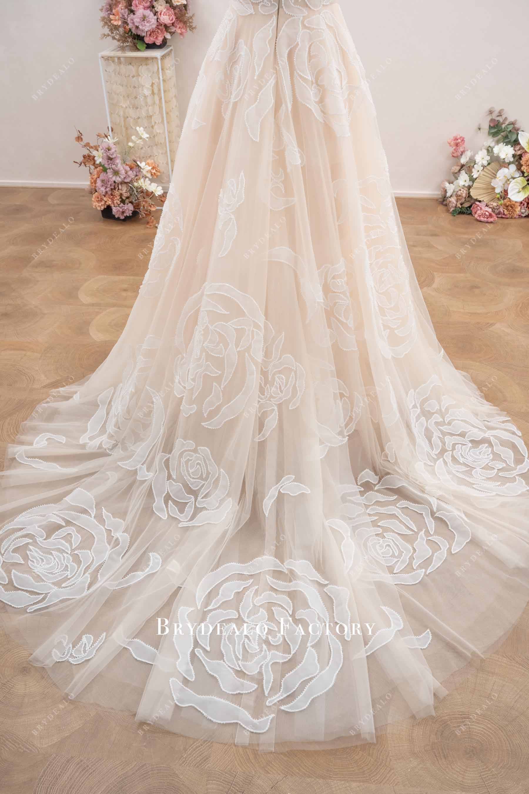 flower lace train wedding dress