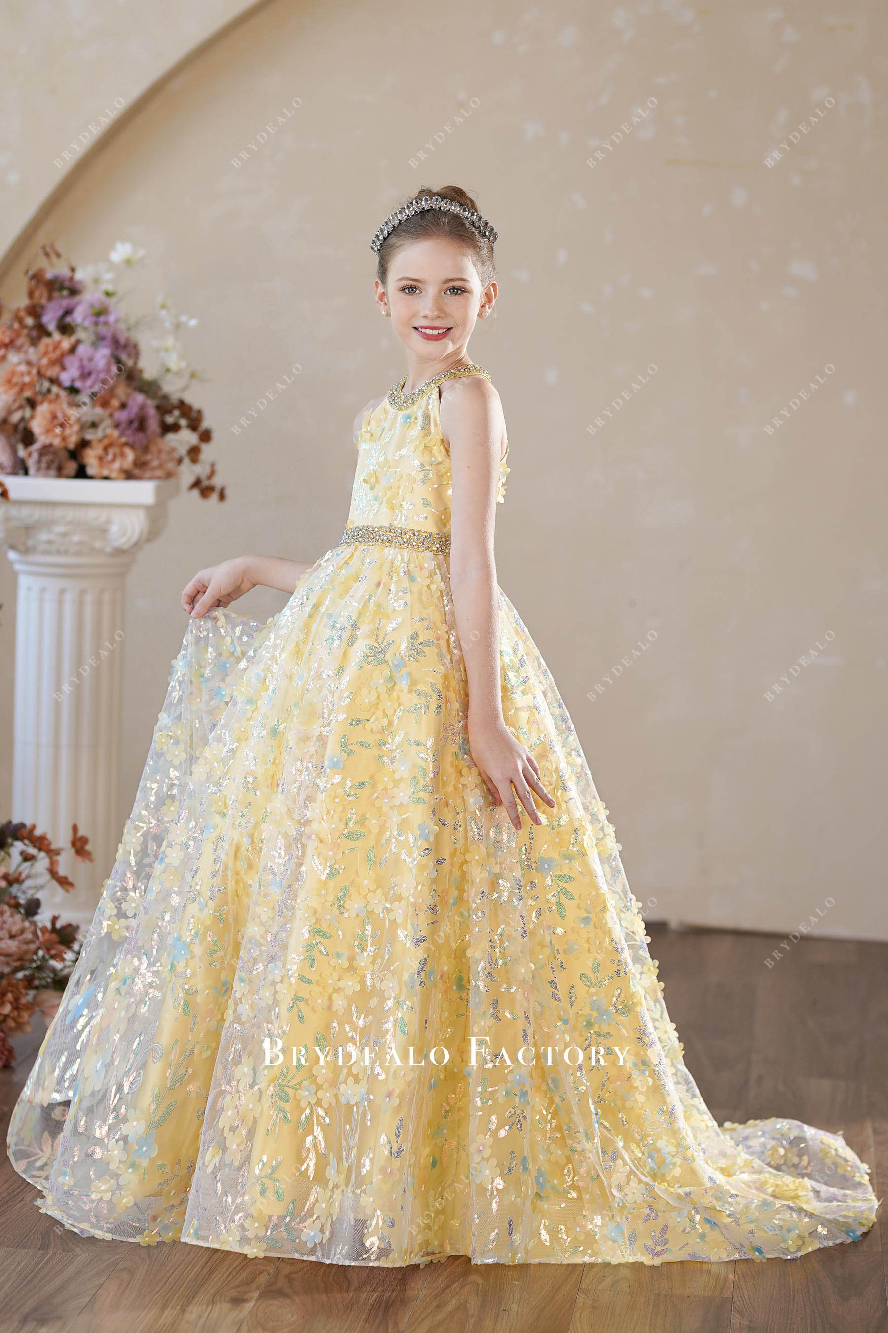 Iridescent Sequin Yellow Flowers Ball Gown Kids Pageant Dress