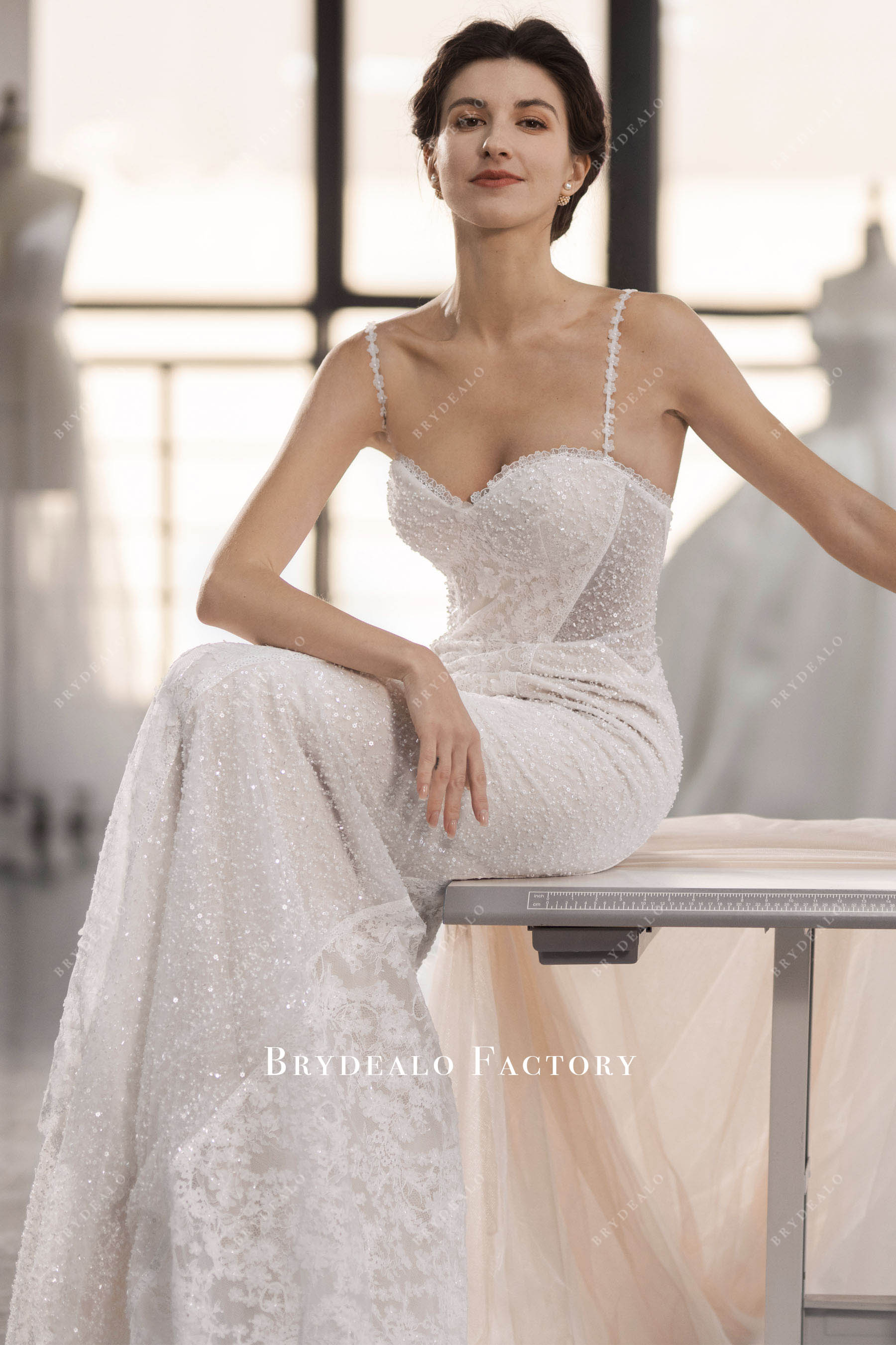 Designer Lace Beaded Mermaid Modern Cutout Train Wedding Dress, Light Champagne