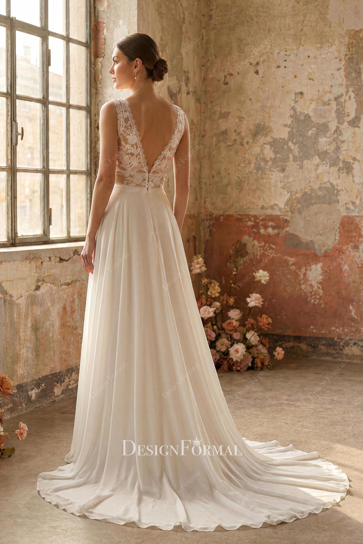 flowing a line court train wedding dress