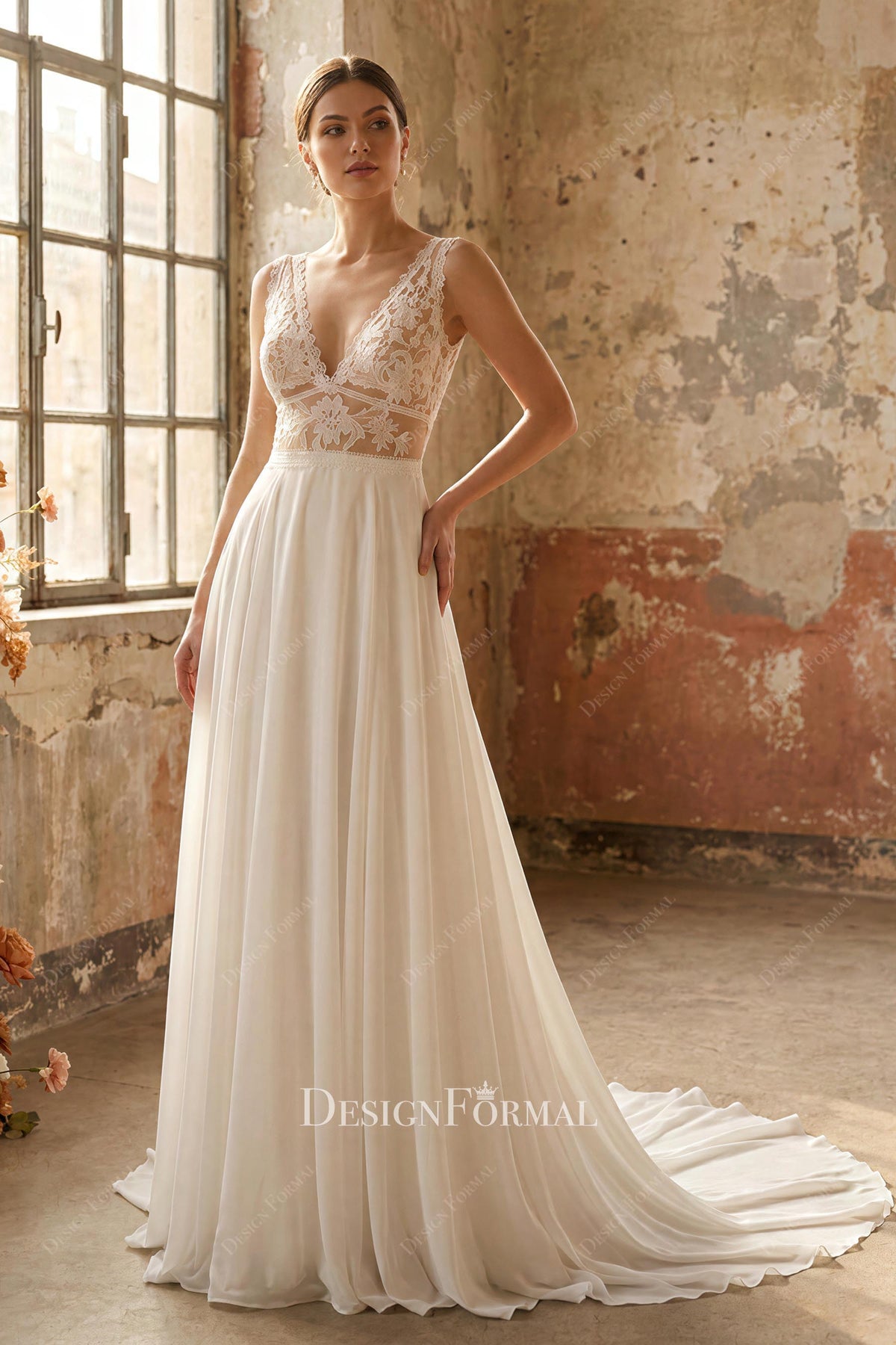 flowing chiffon boho wedding dress