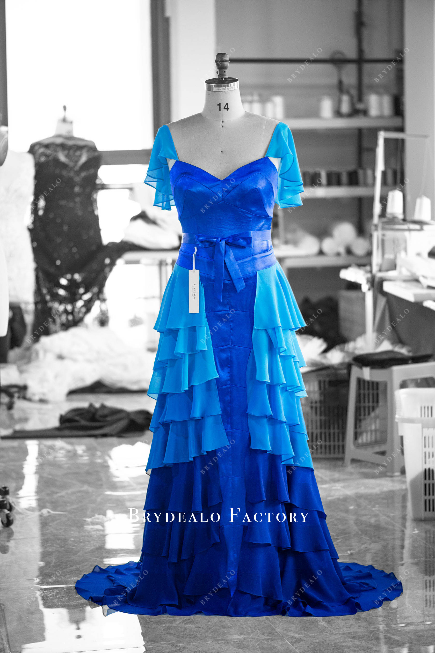 custom flowing royal blue tiered prom dress