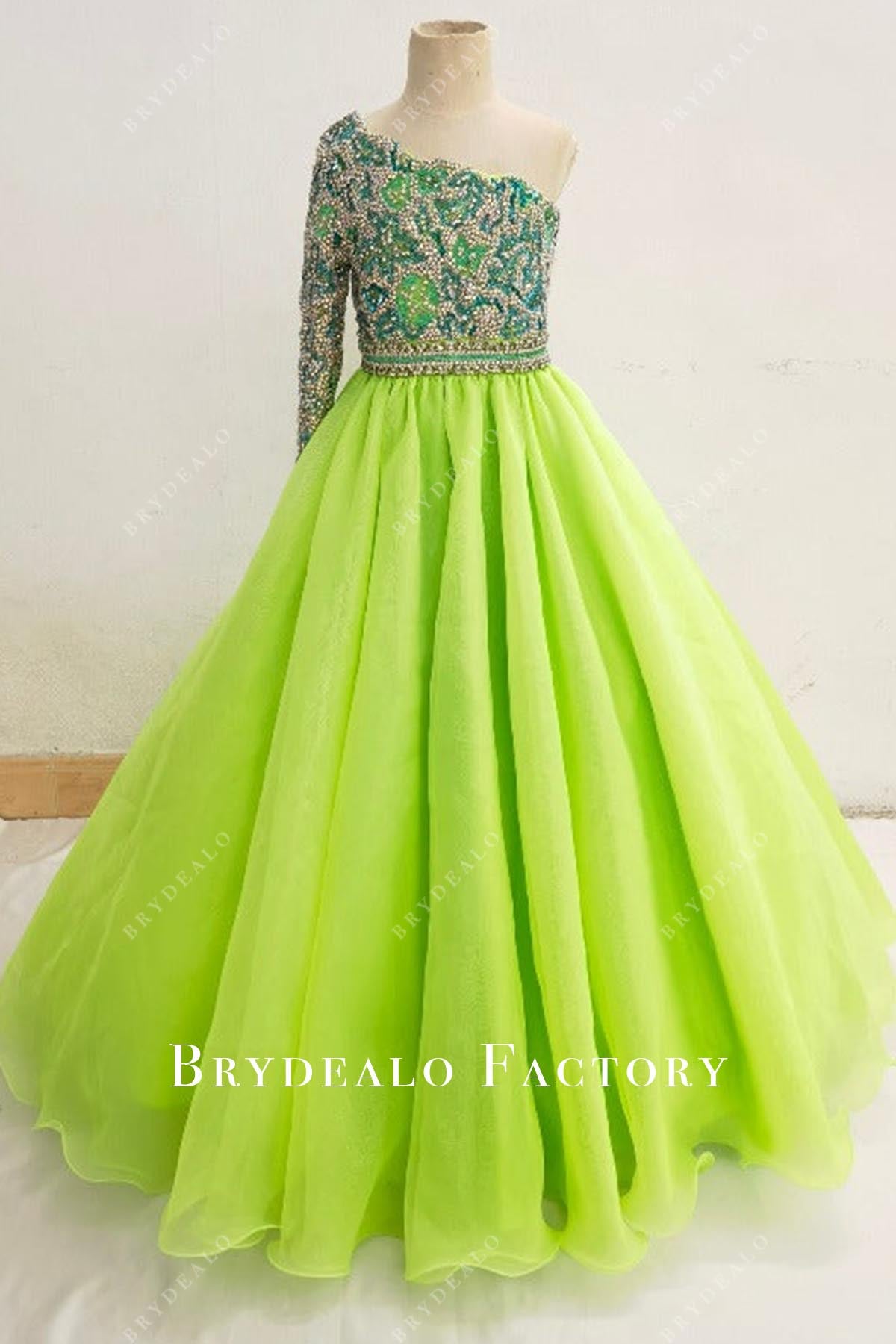 fluorescence green a line pageant dress