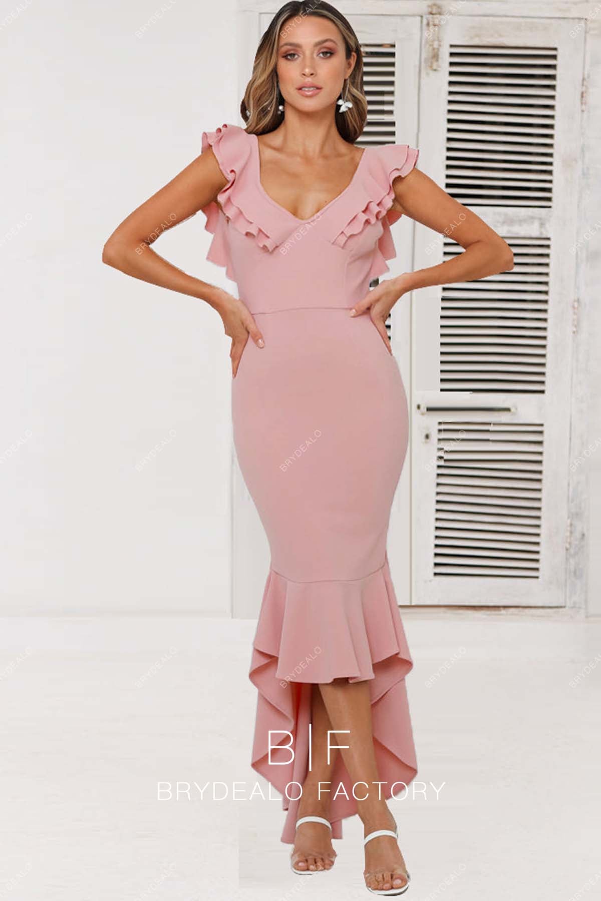 Nude Pink V-neck Chic Ruffle High-low Bridesmaid Homecoming Prom Dress