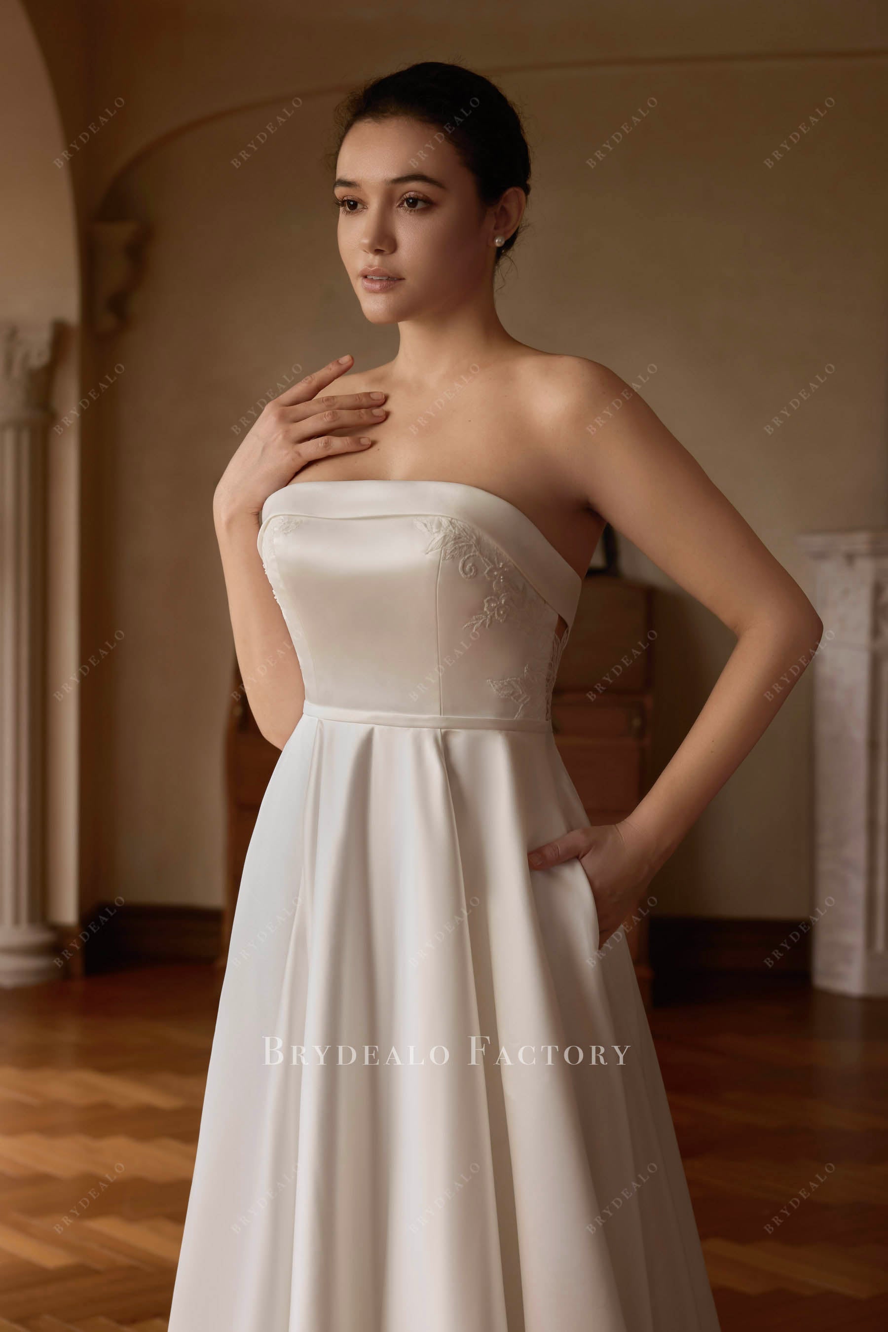 folded straight across neck bridal dress