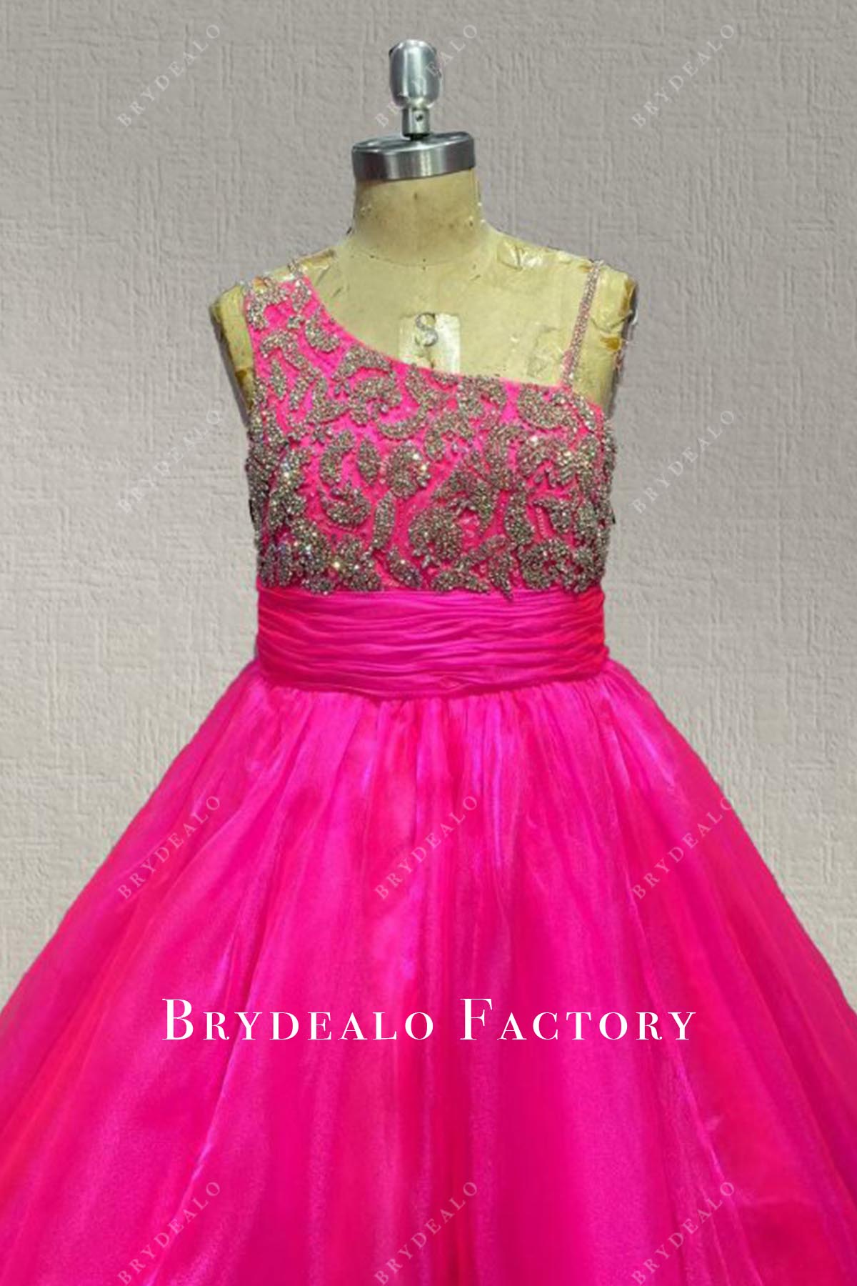 fuchsia asymmetrical neckline pageant dress