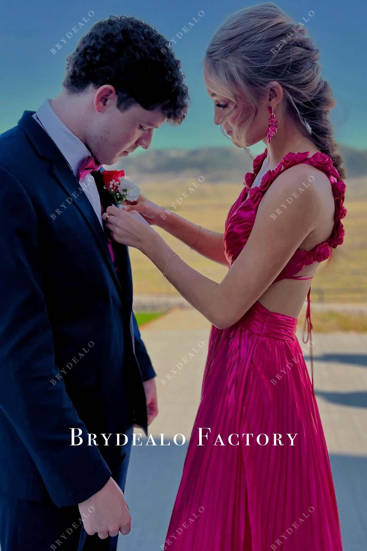 fuchsia crisscross back prom dress