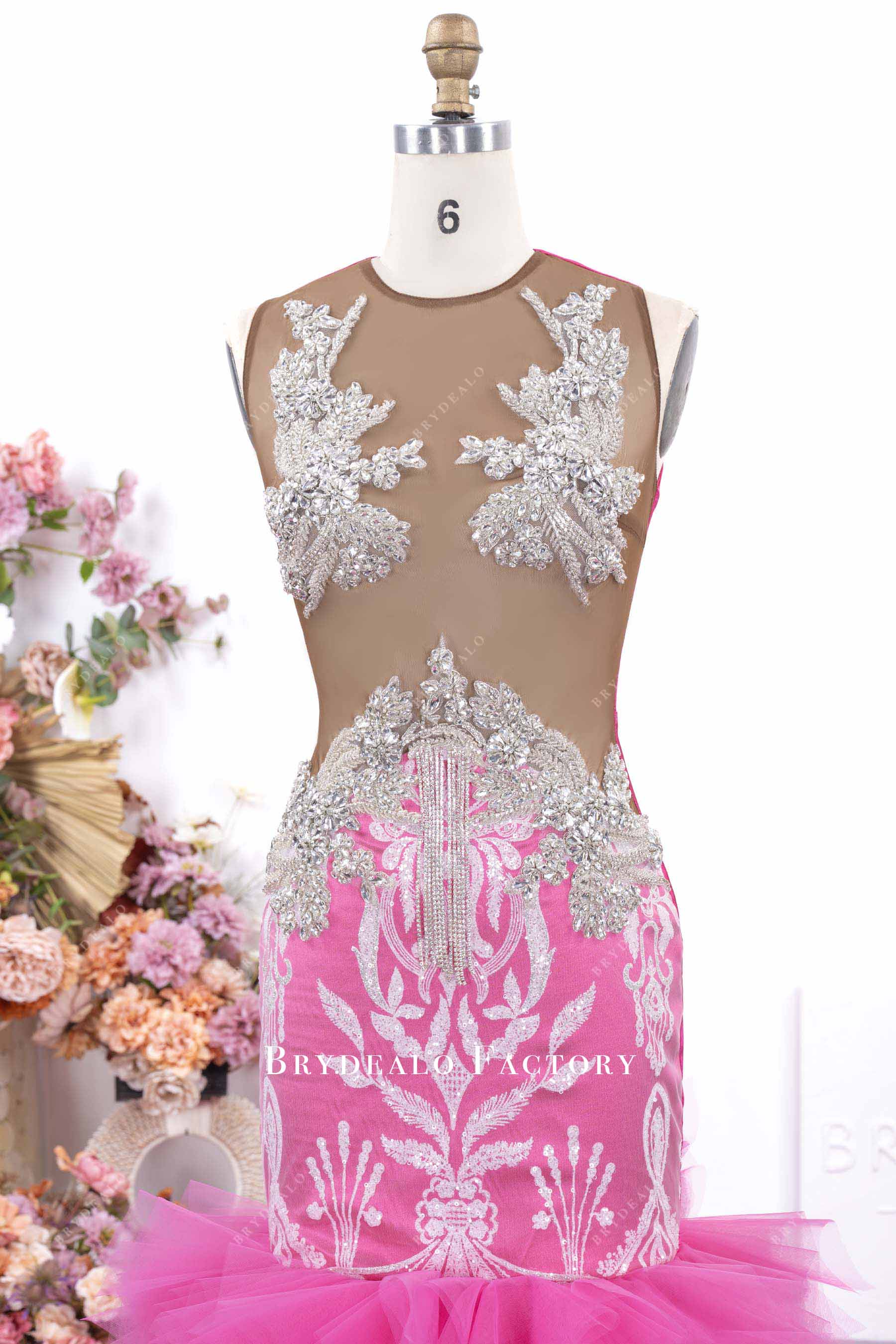 fuchsia illusion neck prom dress