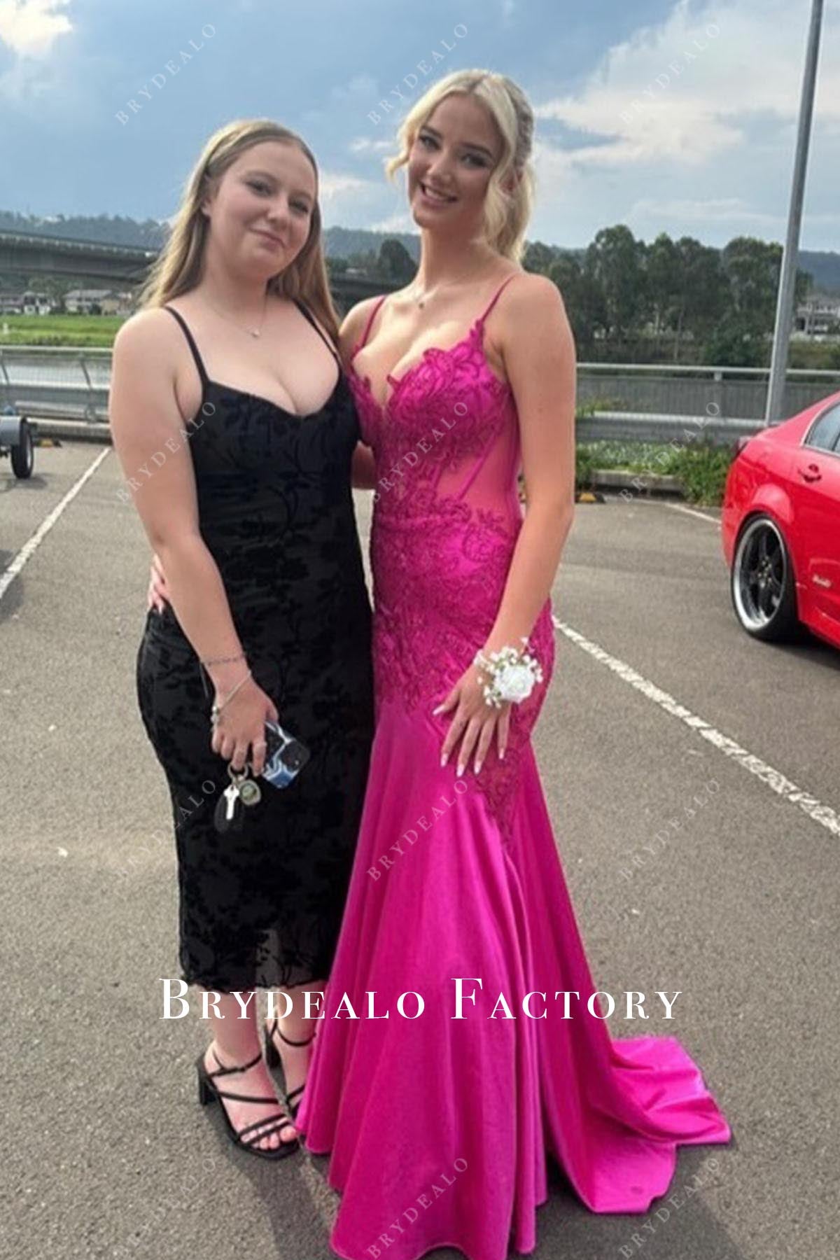 fuchsia lace spaghetti straps mermaid prom dress