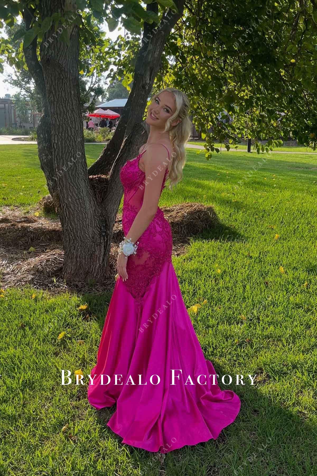 fuchsia lace sweep train mermaid prom dress