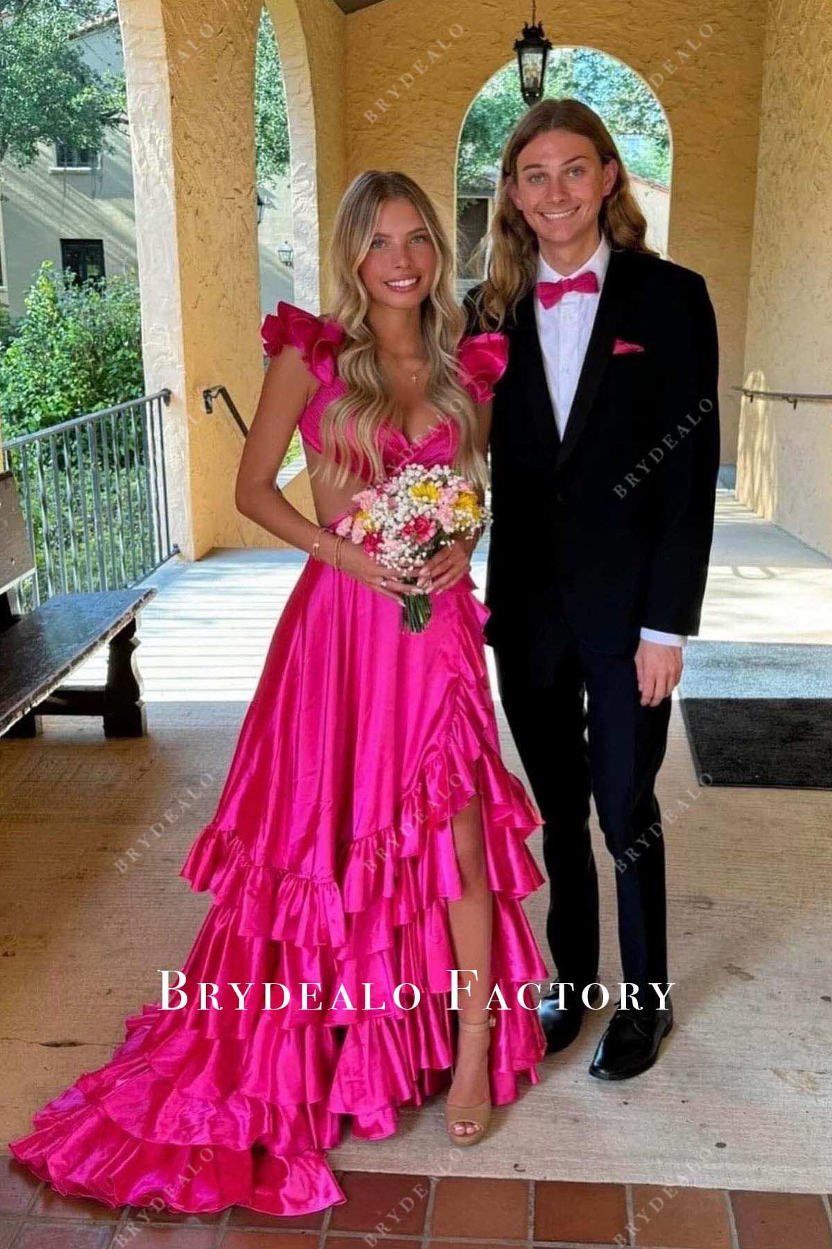 fuchsia layered slit homecoming dress