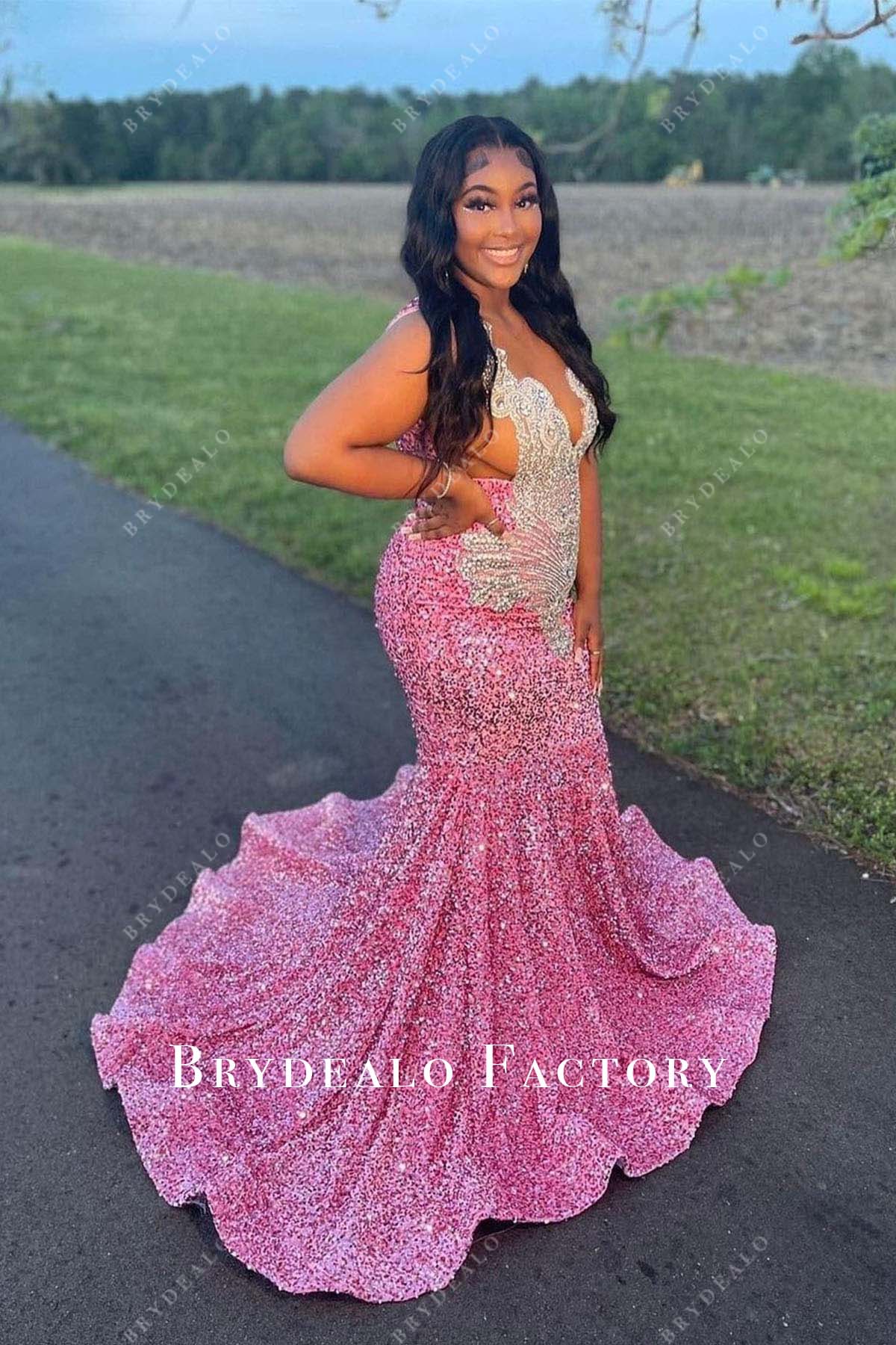 Pink Sequin Plus Size Sleeveless Prom Dress