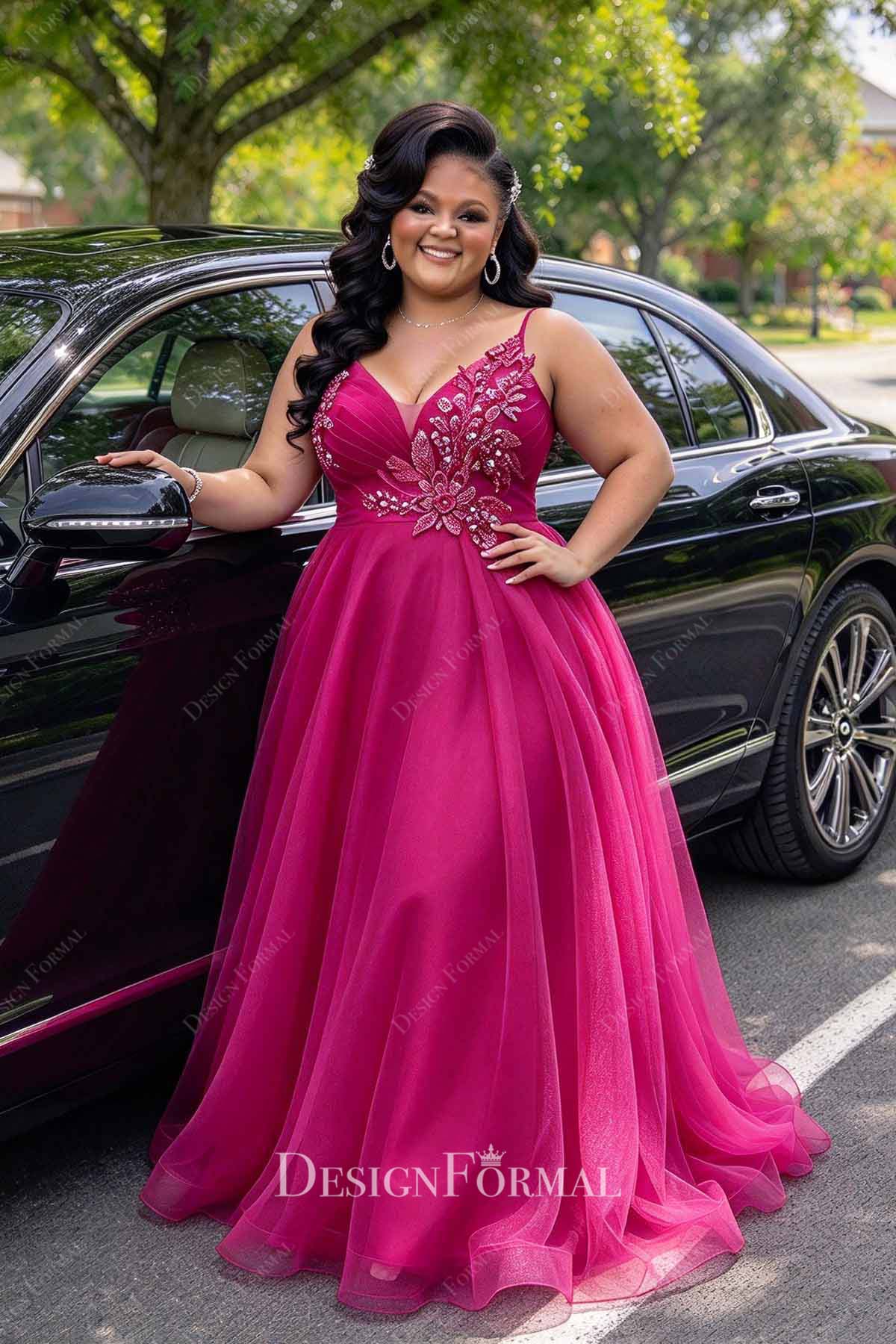 fuchsia plunging neck a line homecoming dress