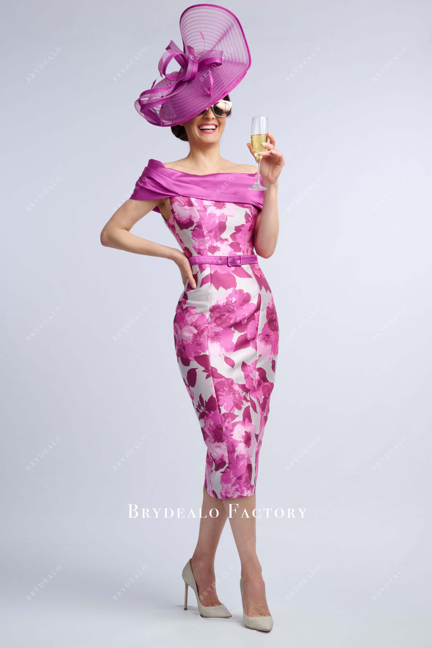 fuchsia print pleated mother of bride dress