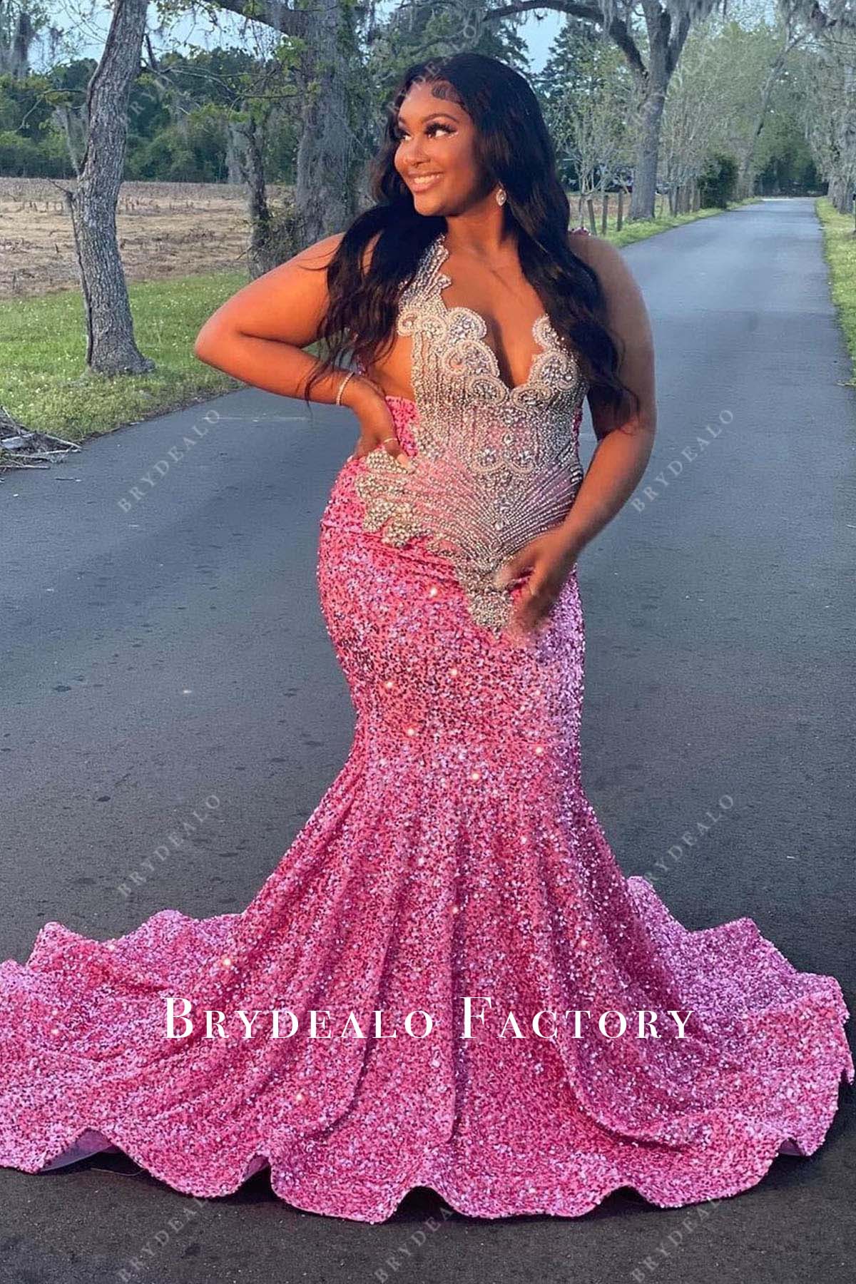 knee length dresses for ladies Pink Sequin Mermaid Rhinestone Cutout Back Plus Size Prom Dress