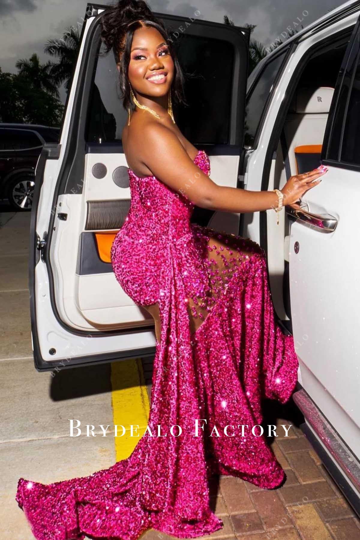 fuchsia sequined open back prom dress