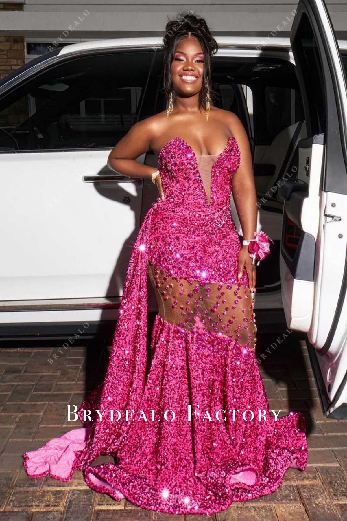 fuchsia sequined sash prom dress