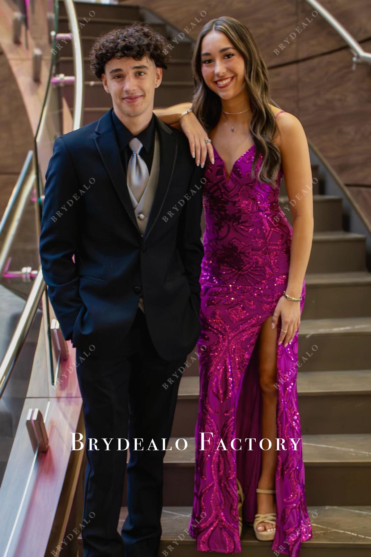 fuchsia sequined spaghetti straps homecoming dress