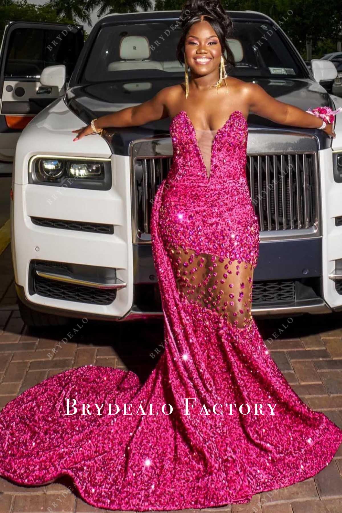fuchsia sequined strapless prom dress
