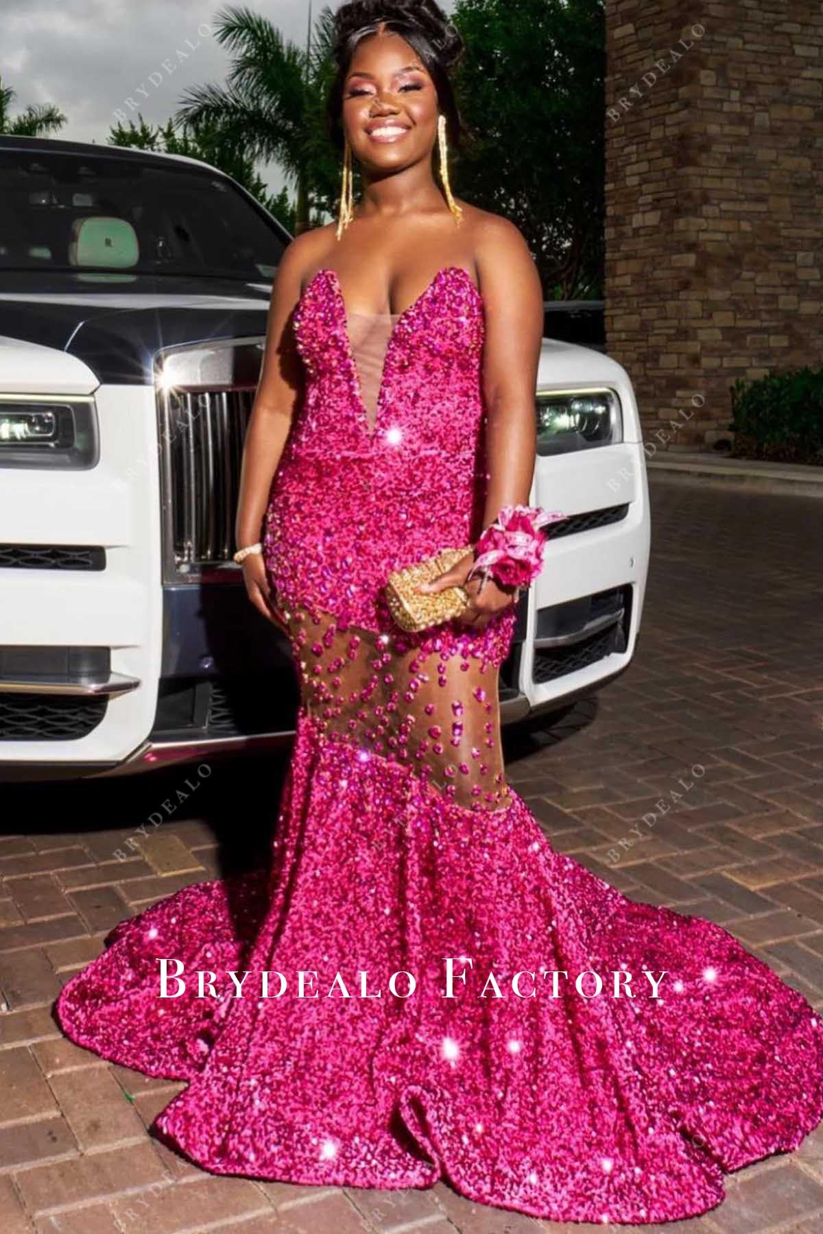 fuchsia sequined trumpet prom dress