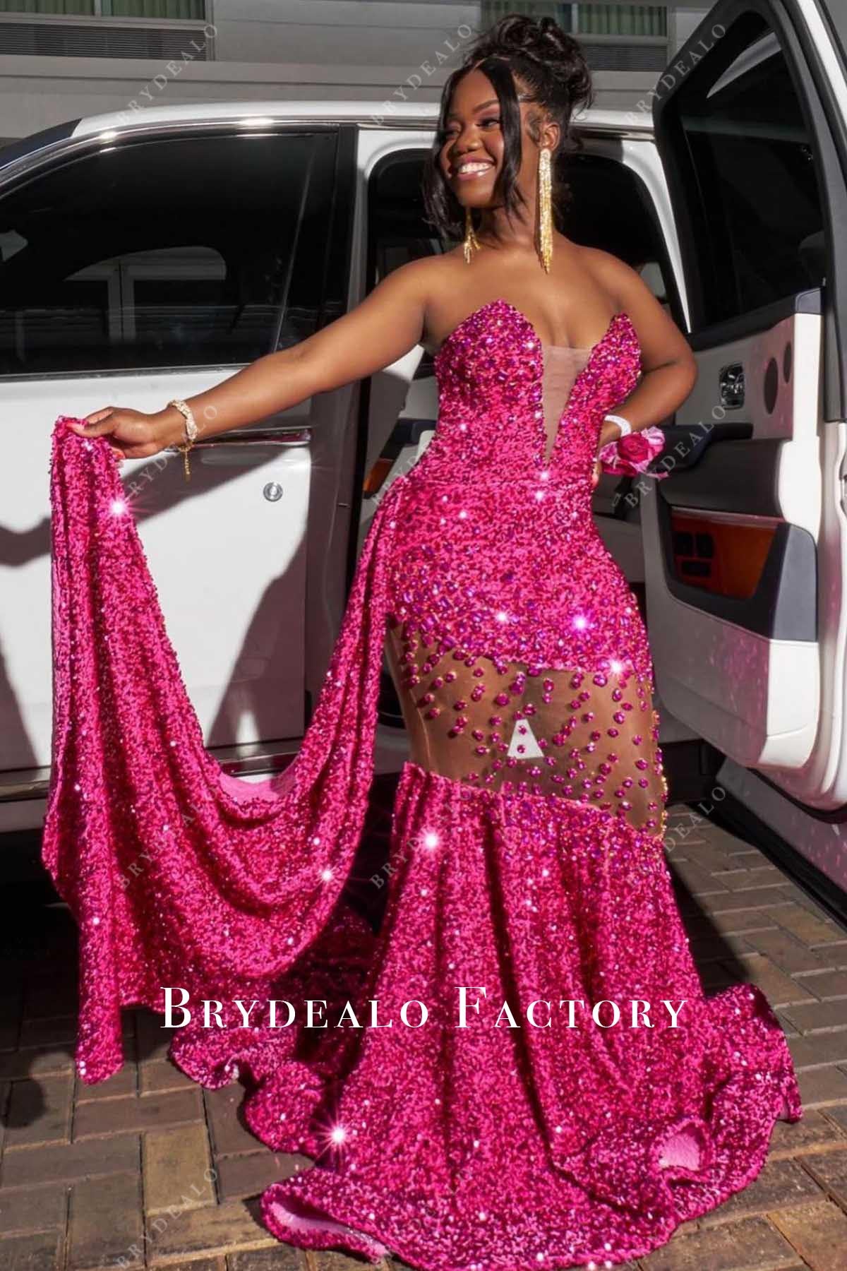 fuchsia sequined v neck prom dress