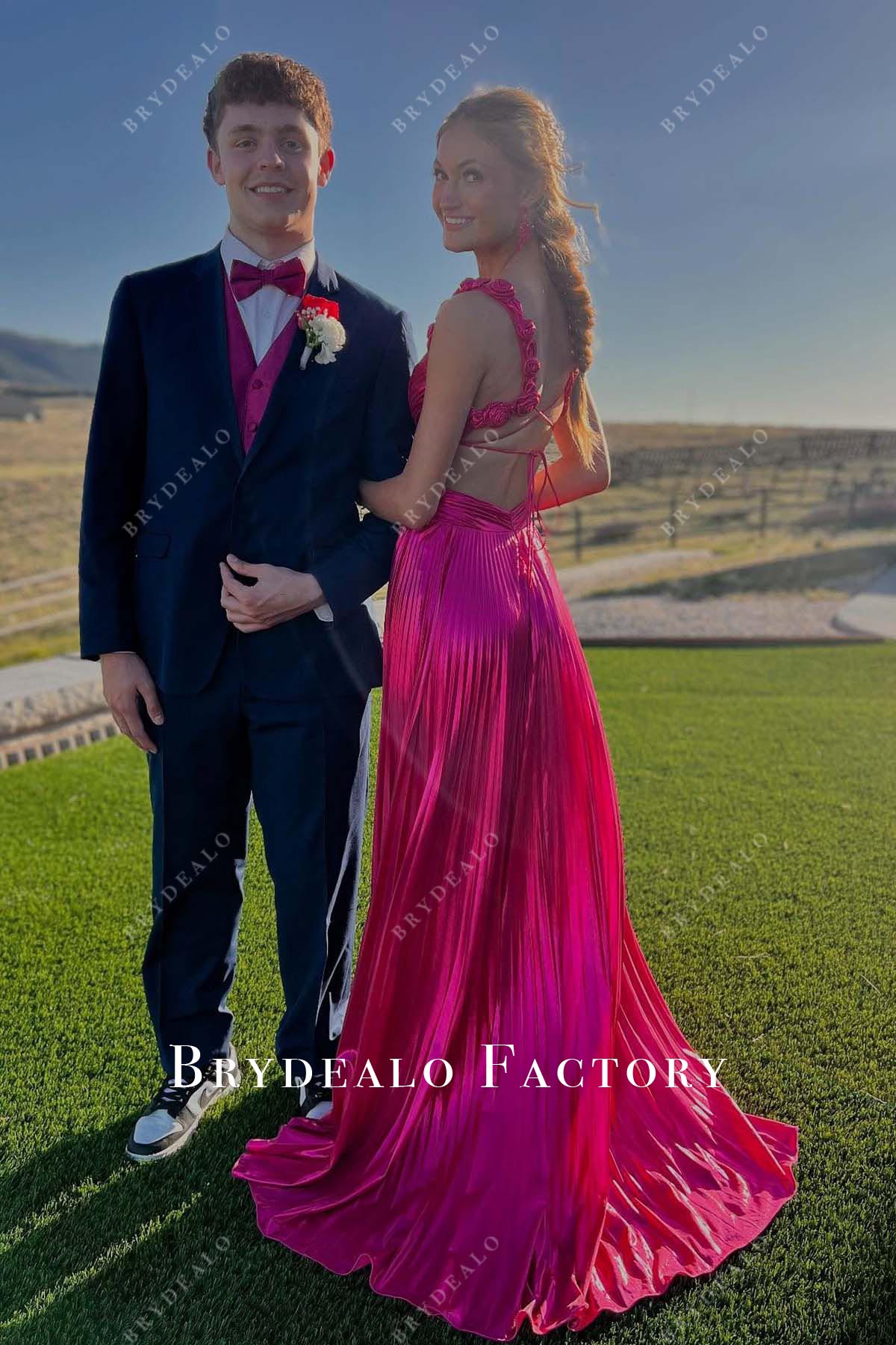fuchsia sweep train prom dress