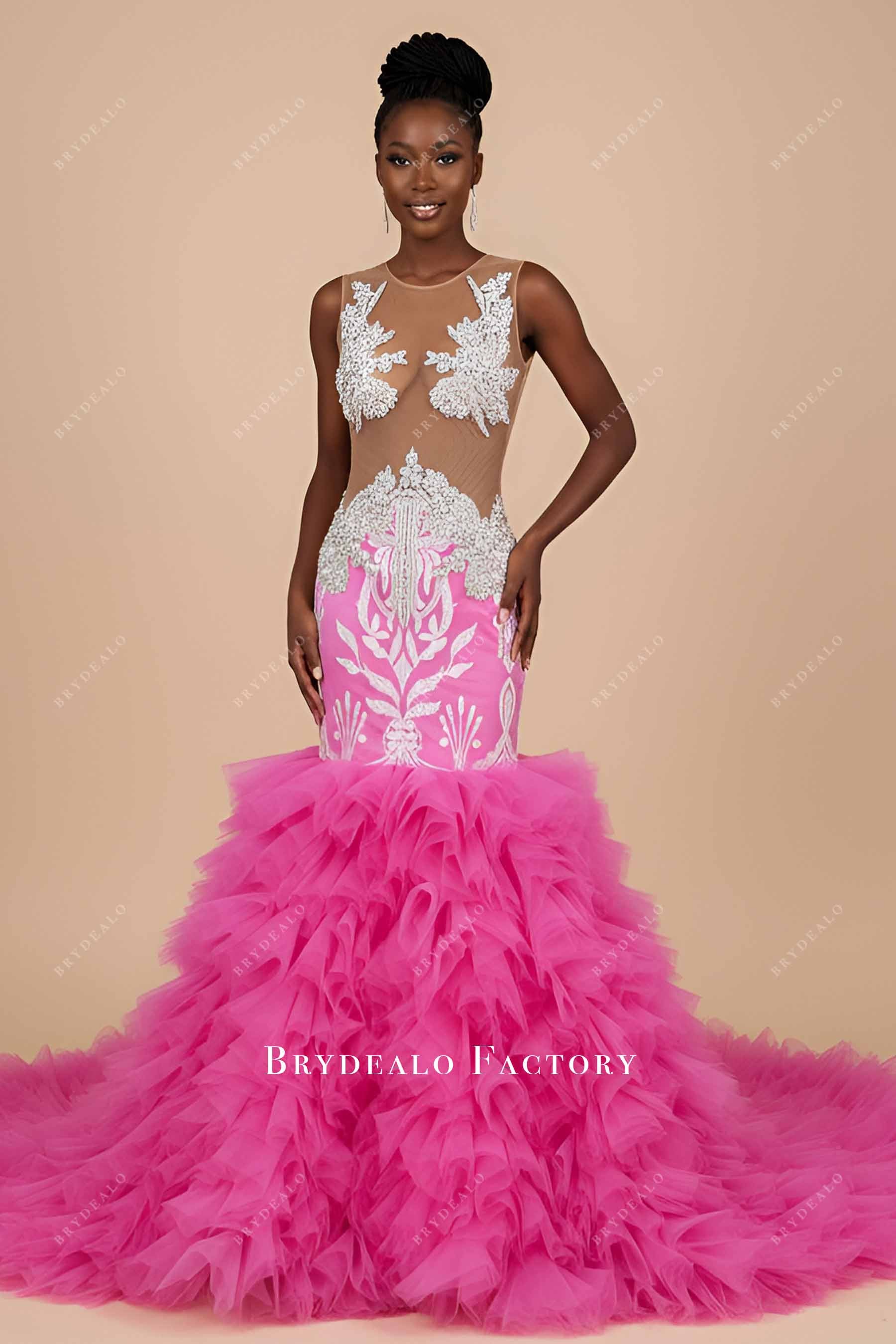 Rhinestone Fuchsia Sheer Bodice Trumpet Prom Dress Rhinestone Fuchsia Sheer Bodice Trumpet Prom Dress