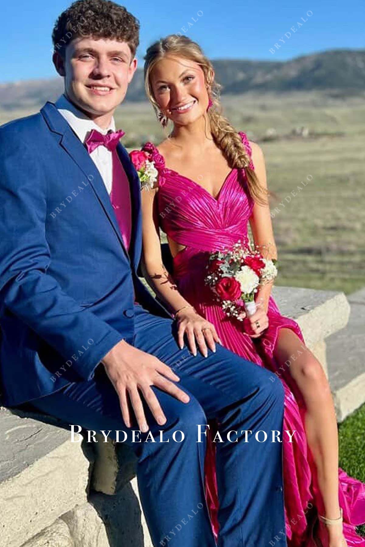 fuchsia v neck prom dress