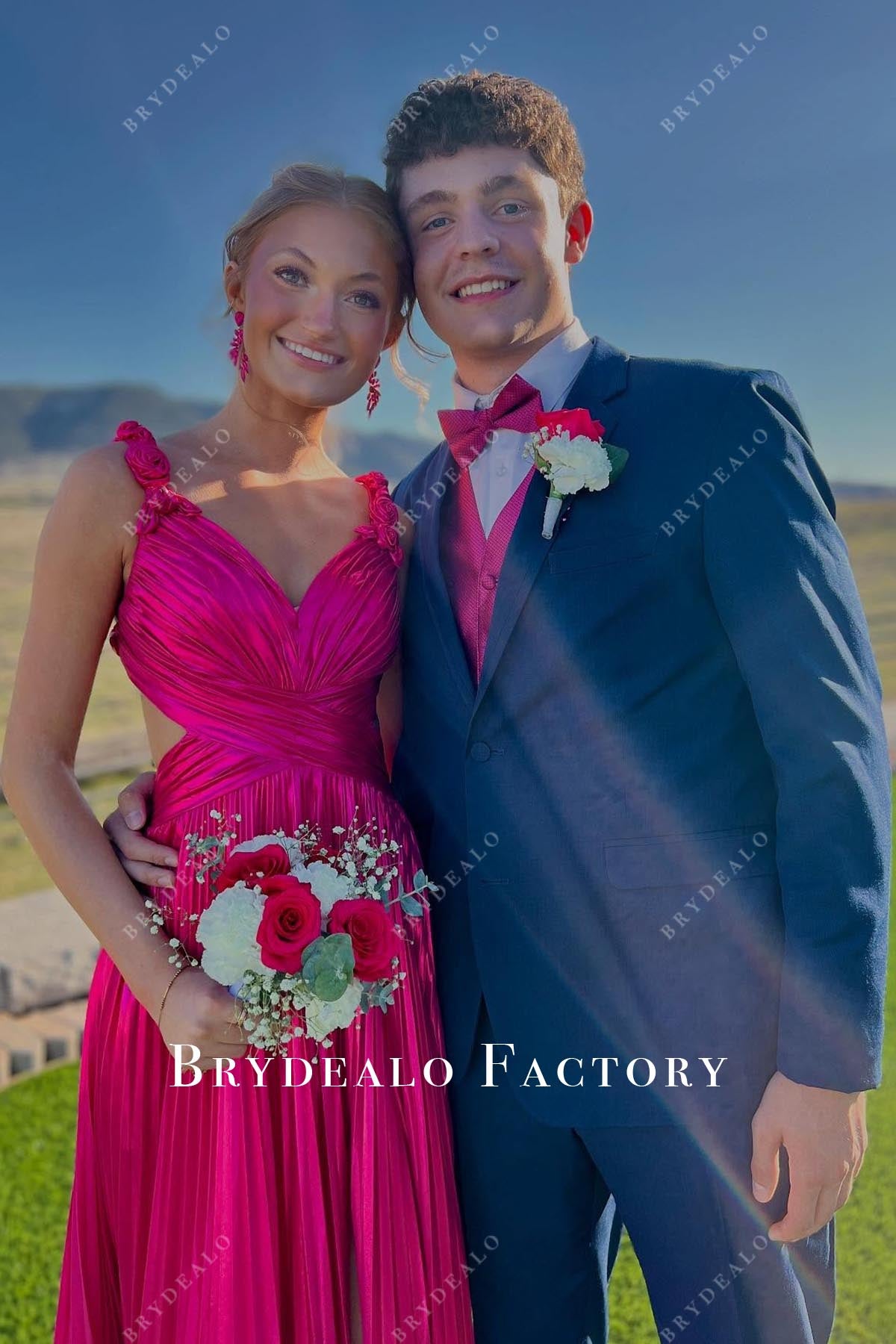 Fuchsia 3D Floral Straps V-Neck Pleated A-Line Prom Dress