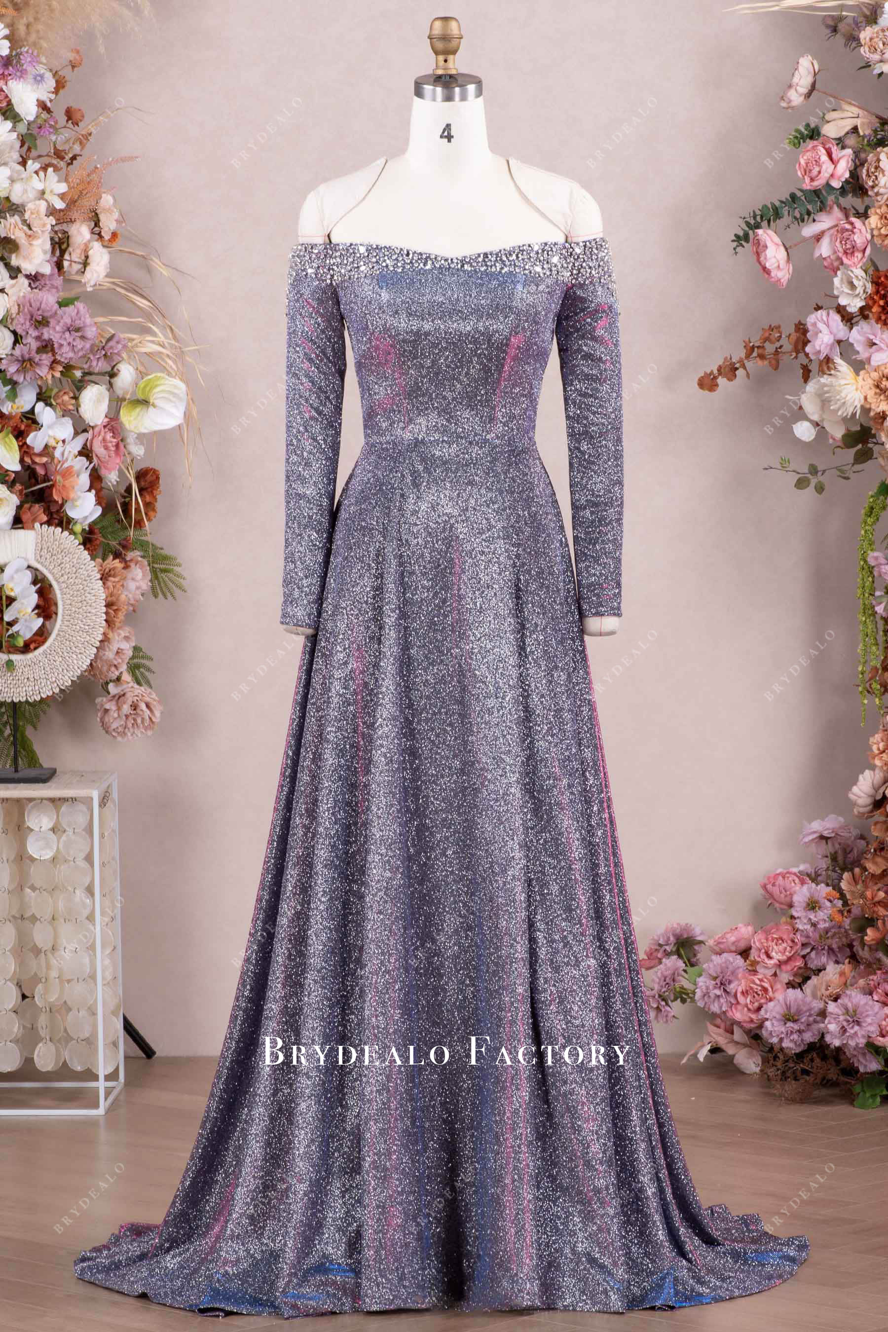 Iridescent Glitter Off Shoulder Long Sleeves Prom Dress