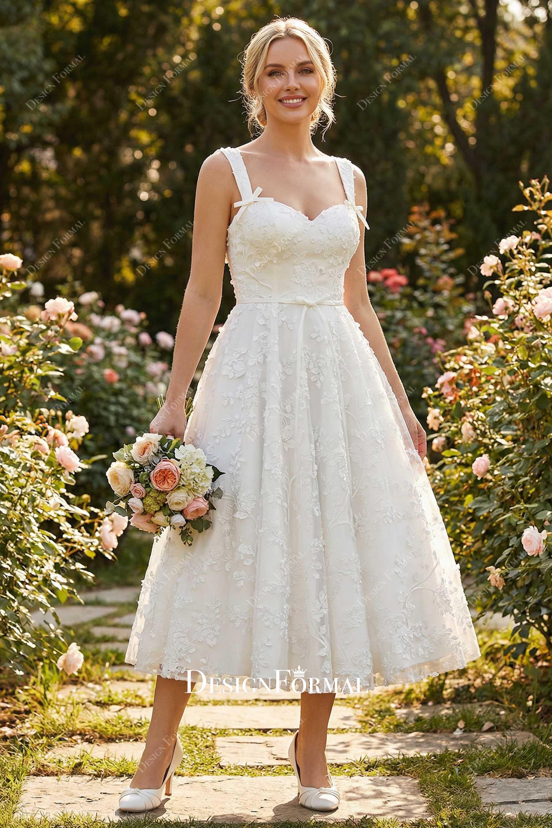 Vintage Lace Queen Anne Midi Garden Bridal Dress