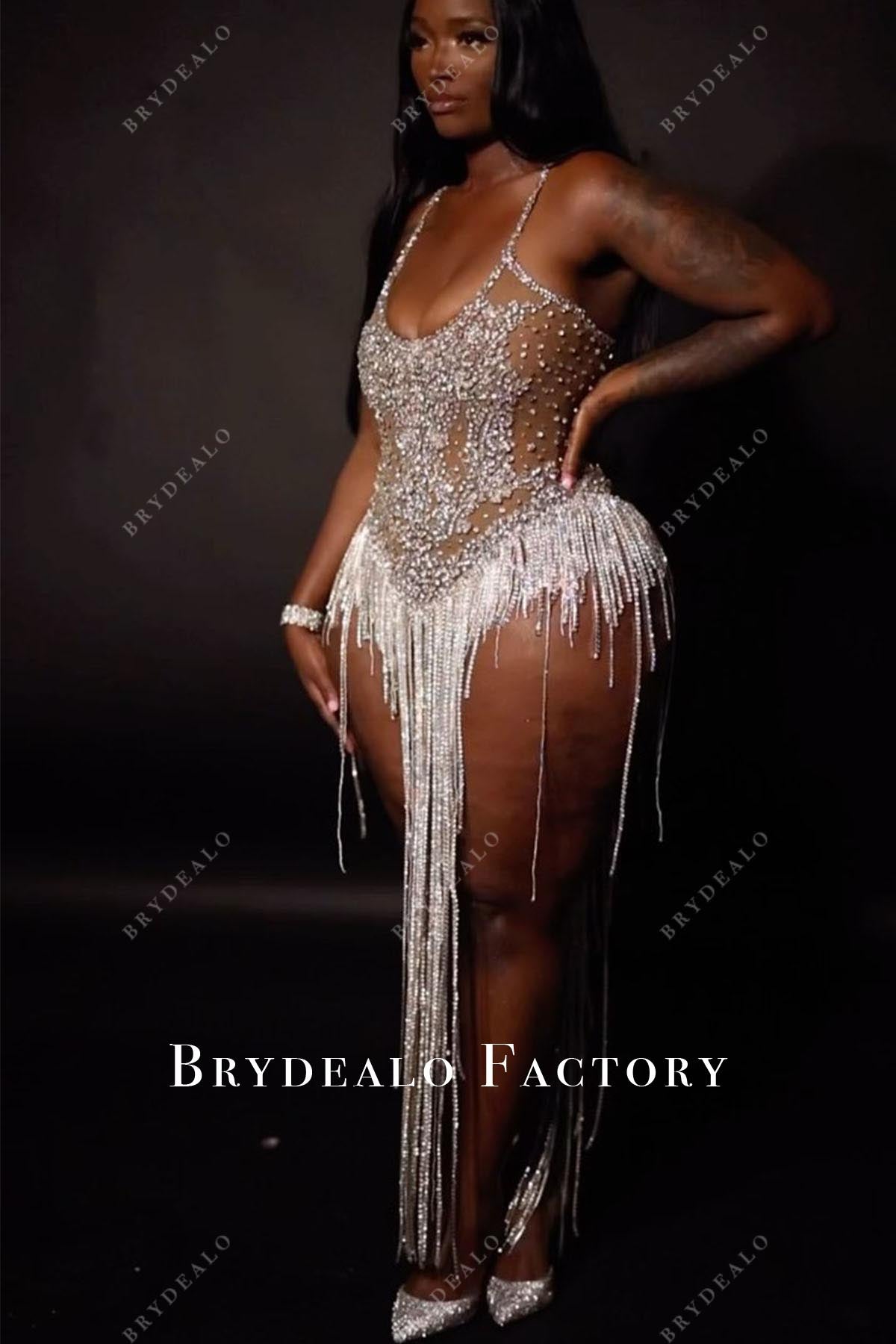 glitter asymmetrical tassels prom dress