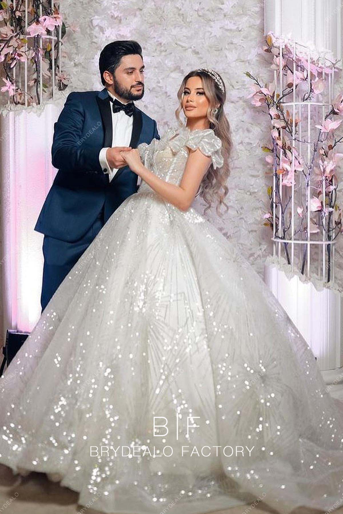 Designer Flowery Off Shoulder Glitter Baroque Ball Gown Wedding Dress