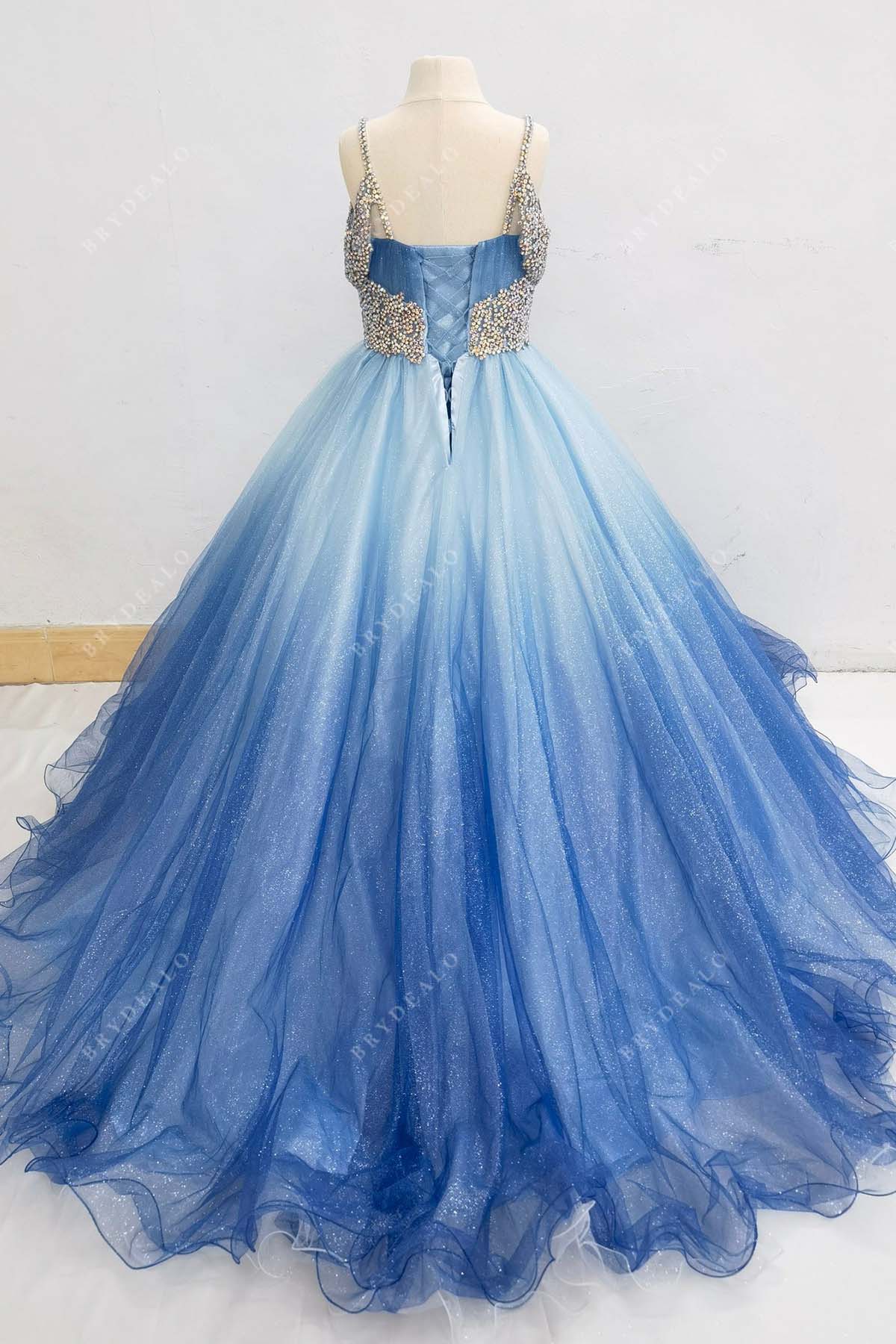glitter blue court train pageant dress